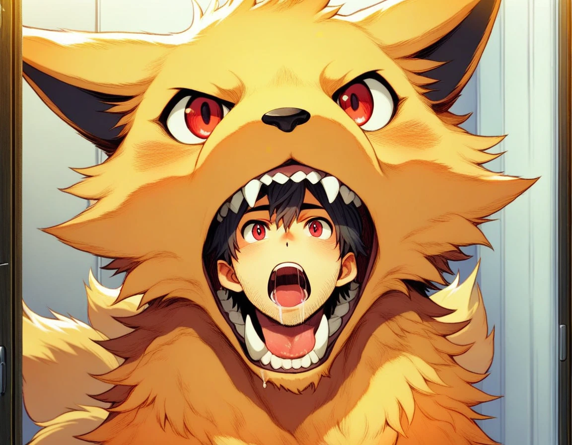 score_9, score_8_up, score_7_up, score_6_up, score_5_up, score_4_up, anime, (kurama:1.00), tailed beast, multi tail, orange body, orange fur, tuft, chest tuft, yellow body, yellow fur, markings, red eyes, (masterpiece, best quality, 4k, 2k, (intricate:0.9), (high detail:1.3), absurd res), studio anime, on model, pokemon anime, anime screenshot, anime scene, head_in_mouth, (human), duo, man, male, closet, vore, oral vore, head in mouth, saliva, saliva string