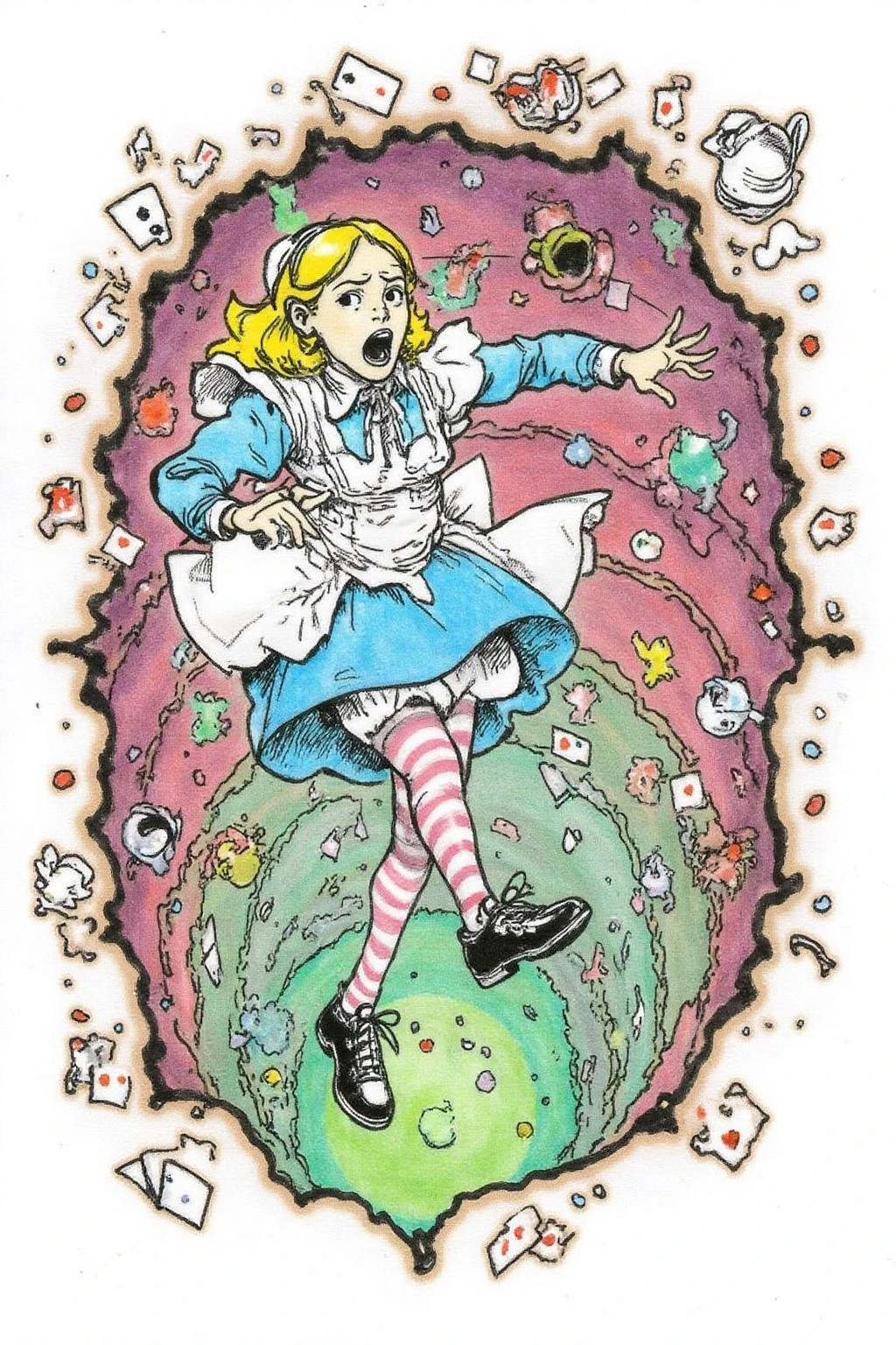 kj9 illustration.
Overhead view of Alice in Wonderland falling into the rabbit hole, with her legs dangling beneath her. She is looking upward, her face filled with shock and terror as she screams. Her blue dress and white apron billow out around her as she tumbles, while her striped stockings and black shoes are visible below. The rabbit hole is a swirling, chaotic mix of vibrant colors, playing cards, teacups, and other Wonderland objects floating around her. Soft glowing light emanates from the tunnel walls, adding an eerie, fantastical feel to the scene. The sense of motion and fear is palpable as Alice falls deeper into the unknown. The background is stark white.
The background is stark white. <lora:kj91_cap_d6a3e12:1.0><lora:819913071020529058:0>