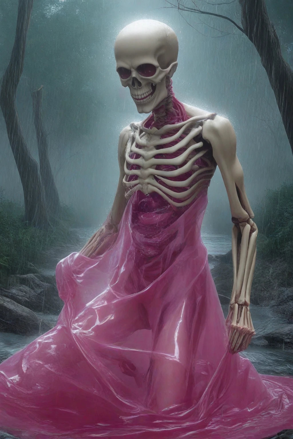 masterpiece, good quality, best quality, very awa, very as2, absurdres, highres, realistic
 <lora:Glob HermanIlluLoRA:1>blobherman, monster, skeleton, pink jelly, see-through body, hat,sitting in a forest, rain, lightning, 1boy, wave with hand
