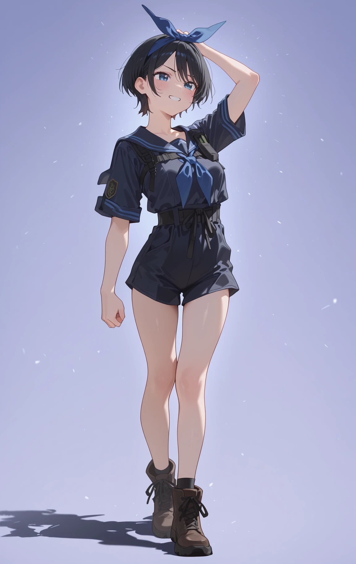 perfect quality,high quality,masterpiece,best quality,amazing quality,very aesthetic,absurdres,Cinematic Lighting,newest,Tactical use of shadow,
front view,full_shot,Sneer,
SarashinaRukaCYQL,<lora:SarashinaRukaCYQL:1>,1girl,solo,short hair,black hair,bangs,hairband,blue eyes,Sailor-inspired top, high-waisted shorts, ankle boots,
full body,standing,arm_above_head,,
lavender background,simple background,
<lora:spo_sdxl_10ep_4k-data_lora_webui:0.5>,<lora:EtherSDXL:0.7>,EtherStyle,<lora:748cmSDXL:0.5>,748cmstyle,<lora:HG2512 by CYQL:0.8>,HG2512,
