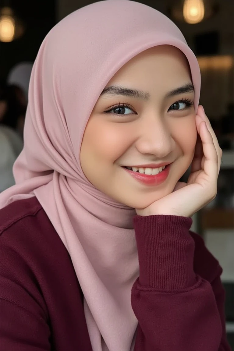 1 lady, 20 years old, best body, wearing pink hijab, hijab covers whole hair, wearing brown sweater, off shoulder, warm lighting , sitting in car, seat belt, night time, casual wear, close shot, shot from high angle, wearing big necklace, smile,