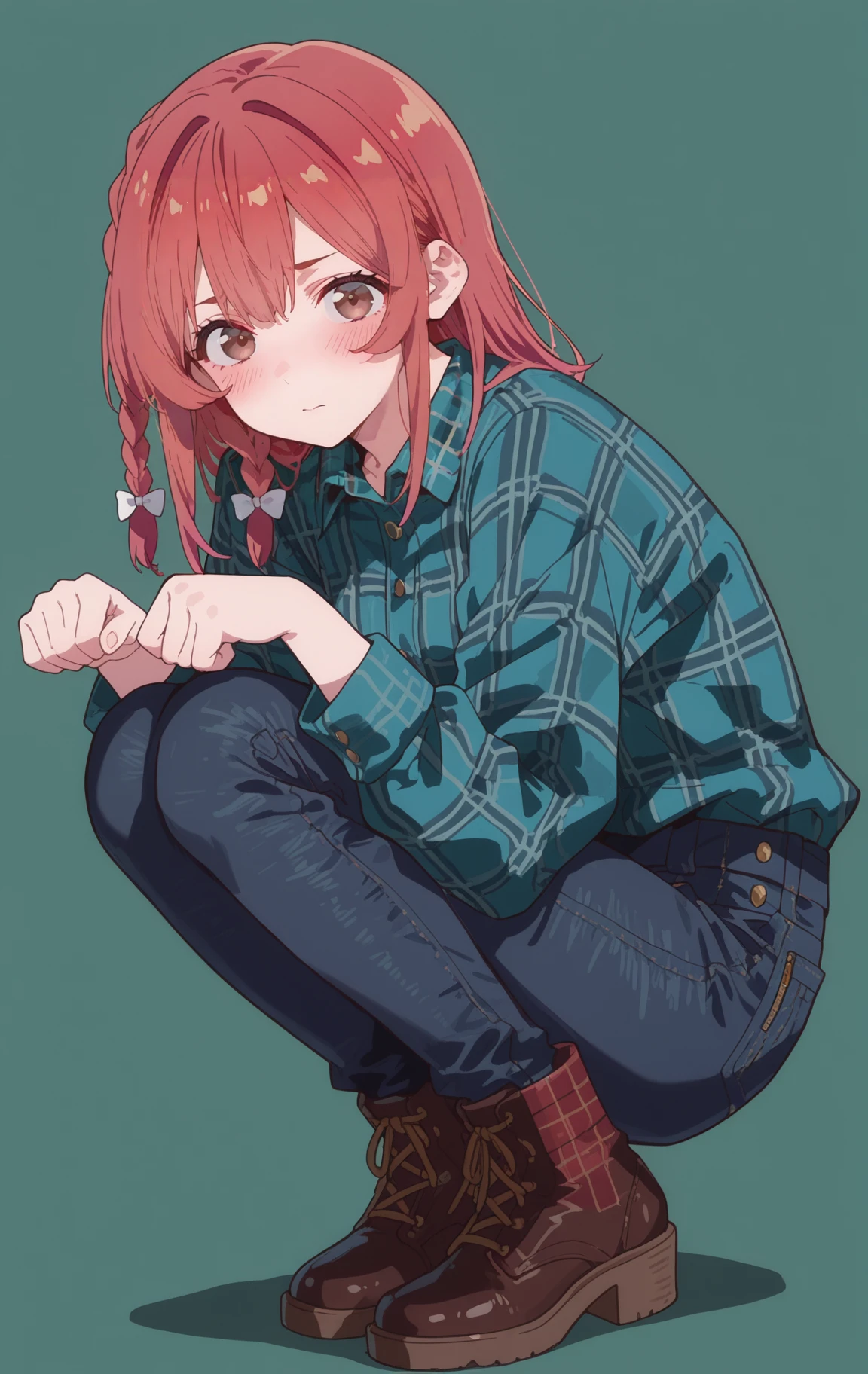 masterpiece,best quality,newest,absurdres,highres,
front view,full_shot,Contentment,looking_at_viewer,
<lora:SakurasawaSumiCYQL:1>,SakurasawaSumiCYQL,1girl,solo,red hair,braid,single braid,hair bow,brown eyes,blush,Plaid shirt, high-waisted jeans, leather booties,
full body,standing,paw_pose,,
darkgreen background,simple background,
<lora:ponyv4_noob1_2_adamW:0.7>,<lora:spo_sdxl_10ep_4k-data_lora_webui:0.6>,<lora:USNR STYLE_XL_loha:0.45>,<lora:748cmSDXL:1>,usnr,748cmstyle,