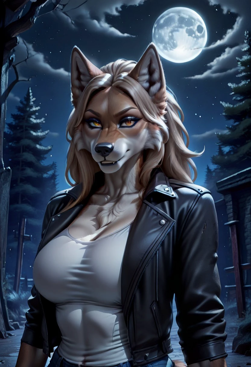 masterpiece, best quality, newest, absurdres, highres, anime, anime style, Dramatic-Moonlight-IL-V1.0, Dramatic light, Moonlight, moon, 1girl, werewolf, furry, fur, wolf, furry female, kftenhance, shirt, jacket, open jacket,