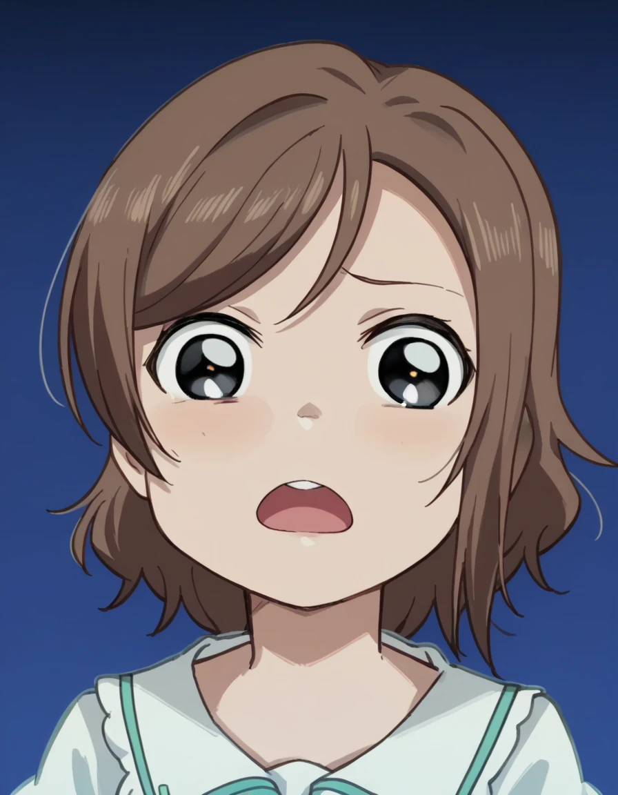 score_9, score_8_up, score_7_up, source_anime, <lora:you-watanabe-s2-ponyxl-lora-nochekaiser:1>, you watanabe, brown hair, short hair, swept bangs, medium breasts, anime screencap, <lora:terrified-noot-noot-ponyxl-lora-nochekaiser:1>, terrified noot noot, looking at viewer, blue background, gradient background, black eyes, gradient, straight-on,, ,