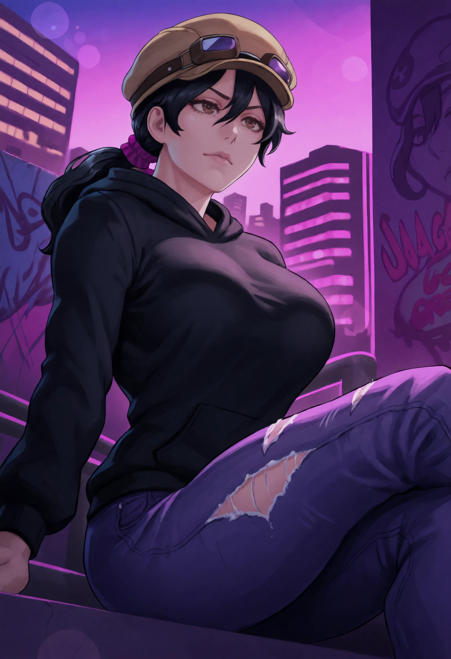 masterpiece, best quality, 1girl, toned,
low ponytail, long hair, black hair, hair between eyes, mature female, brown eyes, cabbie hat, brown headwear, goggles on headwear, purple scrunchie,
black hoodie, ripped jeans, urban rooftop, moonlit sky, distant city skyline, cool breeze, graffiti walls, vaporwave aesthetic, purple and pink hues, relaxed pose, intense atmosphere,
detailed background, bokeh, lens flare,
<lora:ungykm_idxl_EliPot:1>