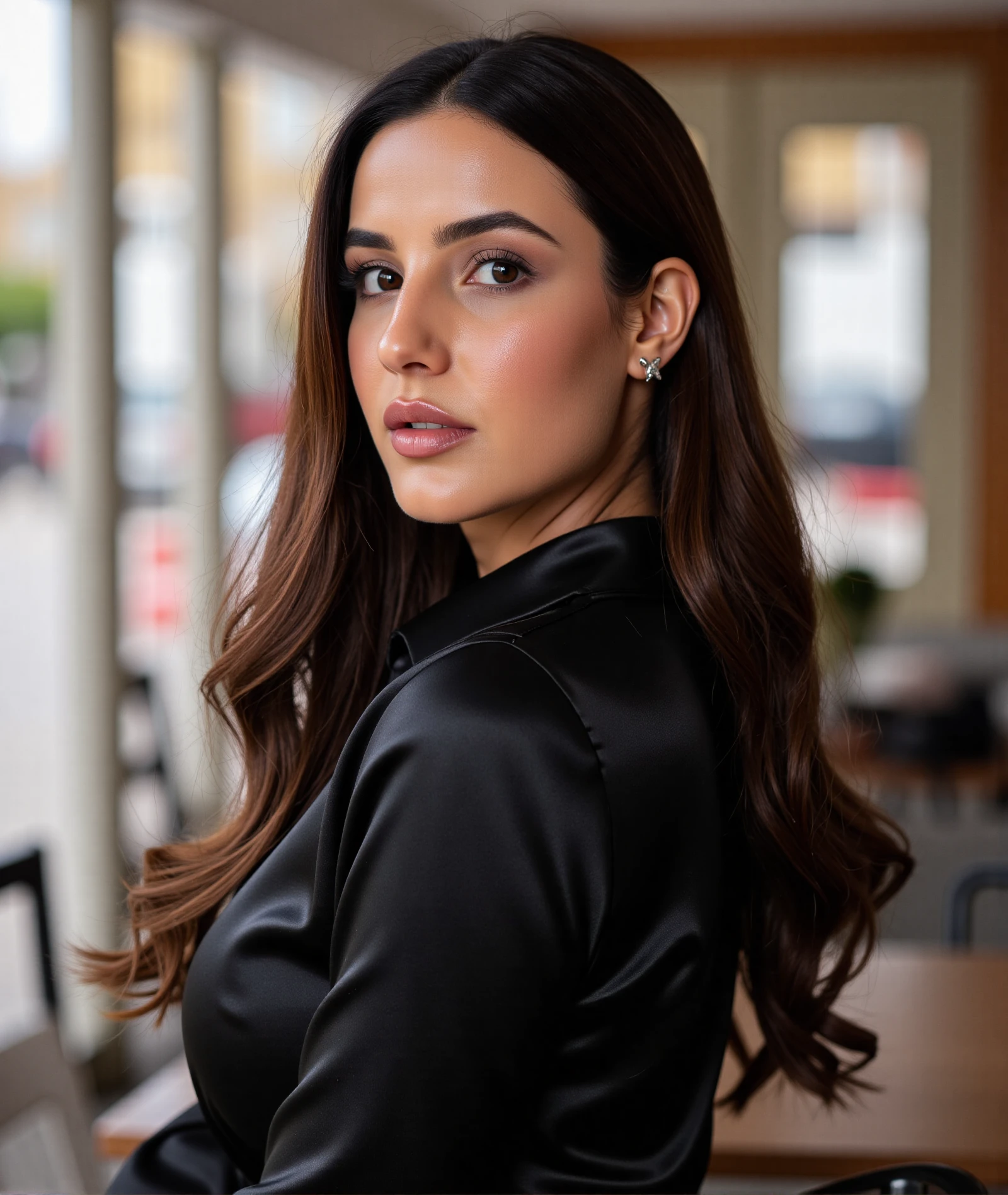 A close-up shot of a woman with long dark brown hair standing, a black satin shirt in a cafe. Her eyes are wide open looking into the camera. and smooth straight hair,jasb