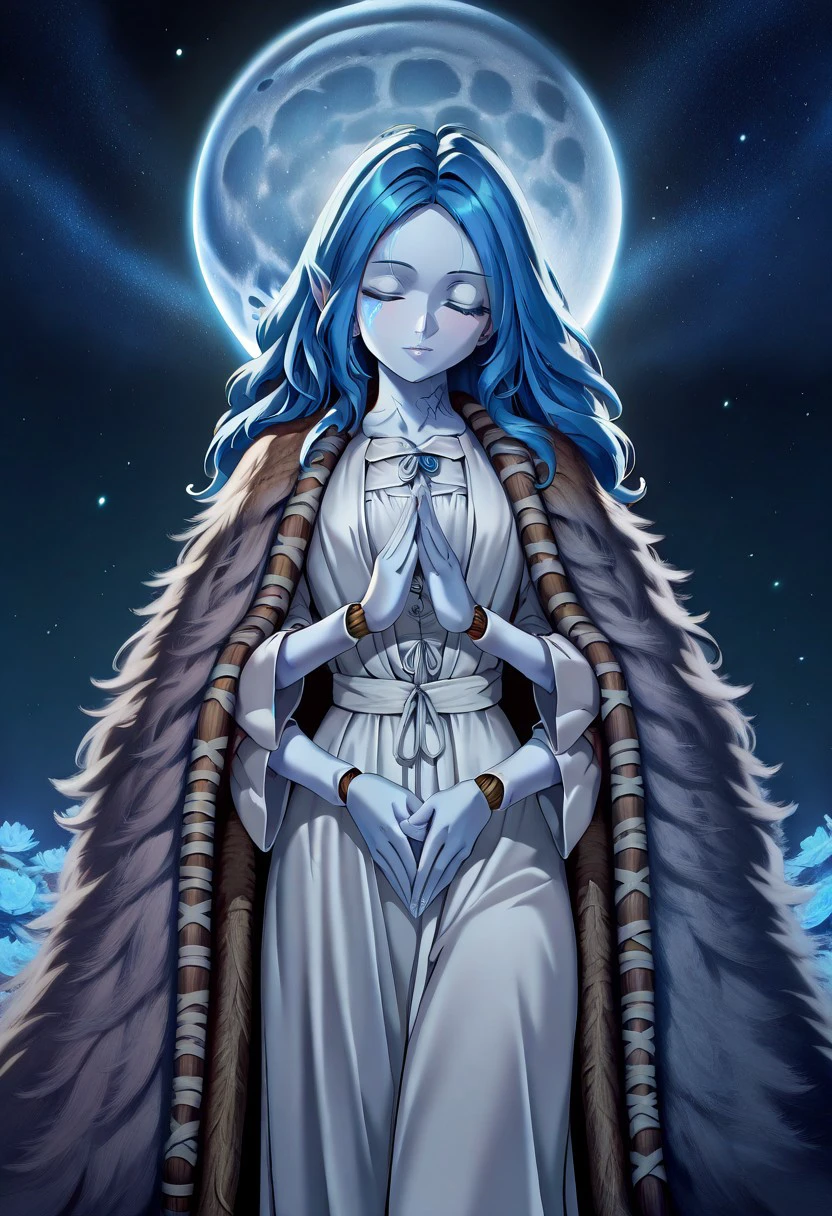 masterpiece, best quality, newest, absurdres, highres, anime, anime style, vintage anime, 90s anime, Dramatic-Moonlight-IL-V1.0, Dramatic light, Moonlight, moon 1girl, ranni_the_witch, extra arms, blue skin, 4 arms,