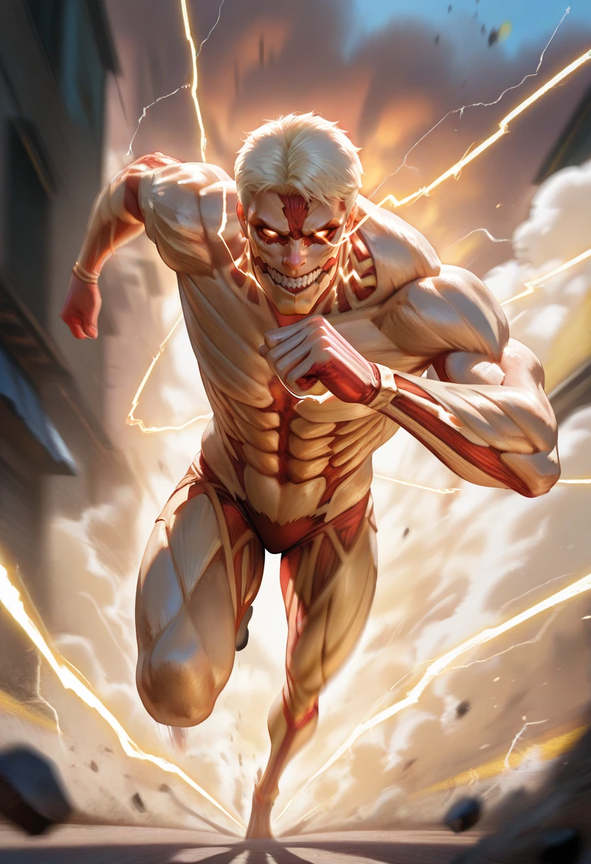 masterpiece, best quality, realistic,
1boy, solo,  
 <lora:superspeed running [IL]:0.7> superspeed, running, electricity, motion blur, light trail, ||  glowing eyes, eye trail
 <lora:Armored titan V2 [IL]:0.8> armored titan, male focus, muscular, white hair, glowing eyes, teeth, smoke, blonde hair