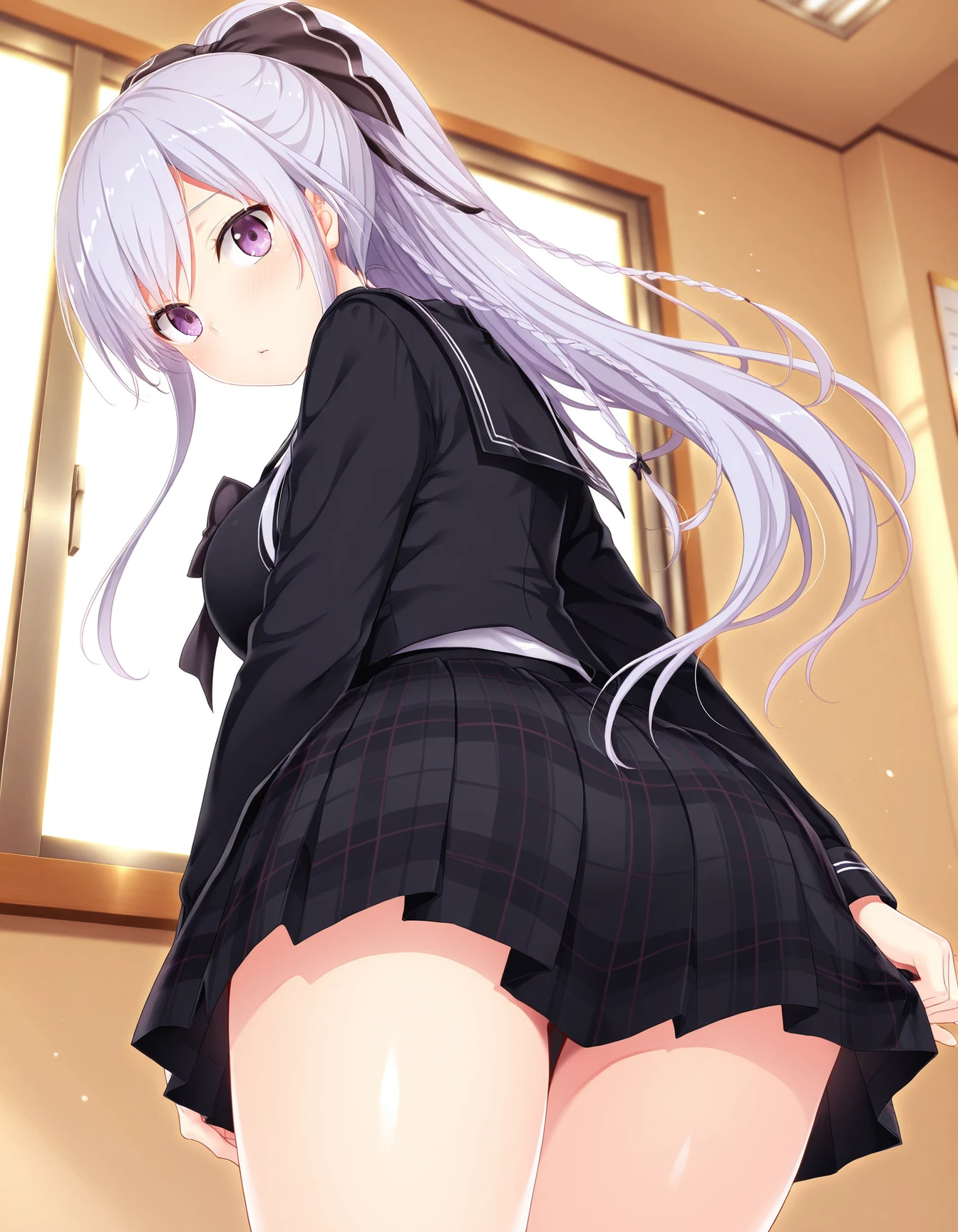 (High quality, High resolution, Fine details), BREAK (secretary, white shirt, black leather short skirt, black thighs highs), 21 yo, solo, women, honey skin color, BREAK, white middle hair, black eyes, sparkling eyes, (Detailed eyes:1.2), smile, blush, Sweat, Oily skin, shallow depth of field, full body, thighs, ass, seductive, spicy,