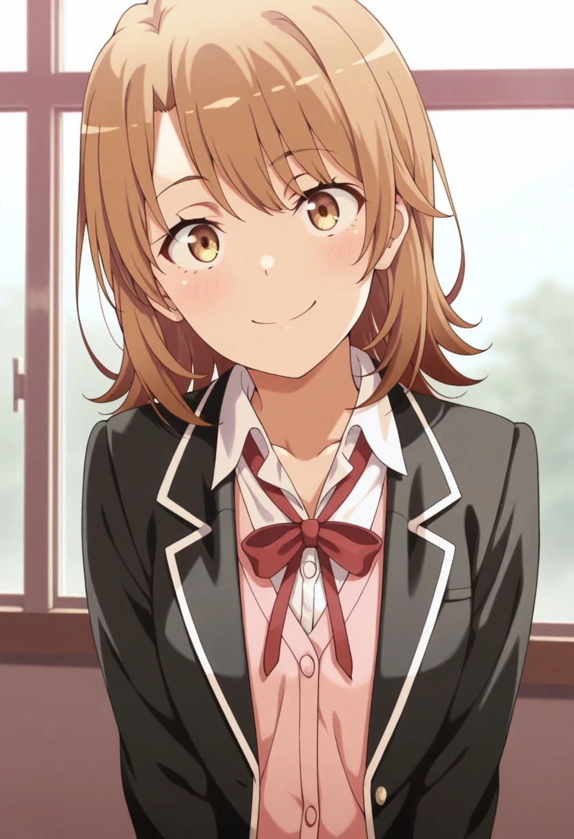 masterpiece,best quality,amazing quality, isshiki iroha, brown hair, short hair, brown eyes, 1girl, solo, school uniform, sobu high school uniform, smile, jacket, black jacket, blazer, window, cardigan, ribbon, shirt