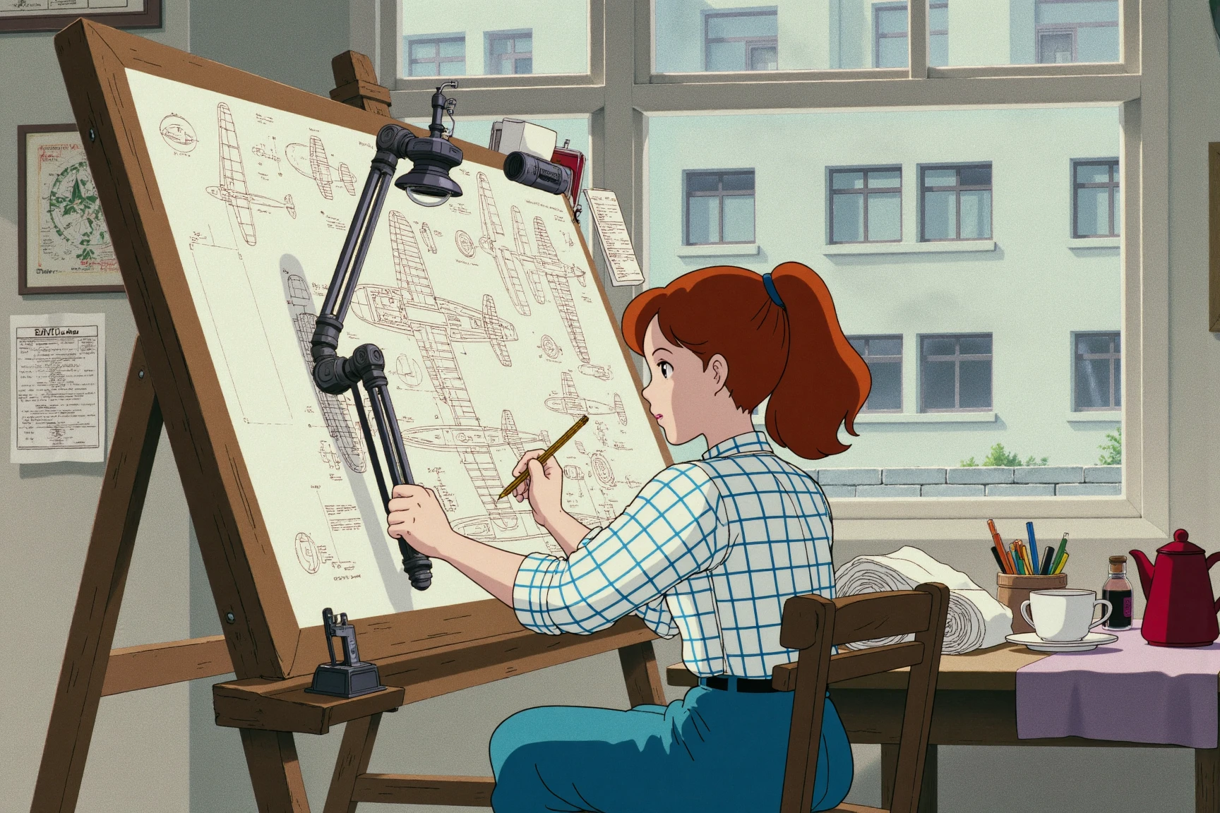 ghibli style image of a young woman with auburn hair in a ponytail, wearing a blue and white checkered shirt with puffy blue pants, seated at a drafting table and carefully using a large drafting arm. She is working on a detailed technical drawing of what appears to be aircraft wings and fuselages. The drawing board sits on a wooden easel, surrounded by rolled-up blueprints. To her right, on a separate table are art supplies, a red teapot, a cup and saucer, and a small ink bottle, all nestled on a light-colored cloth. A window behind her offers a view of a building on what looks like a overcast day with muted pastel colors. The window is partially opened, suggesting a warm breeze. The overall atmosphere is peaceful and focused.