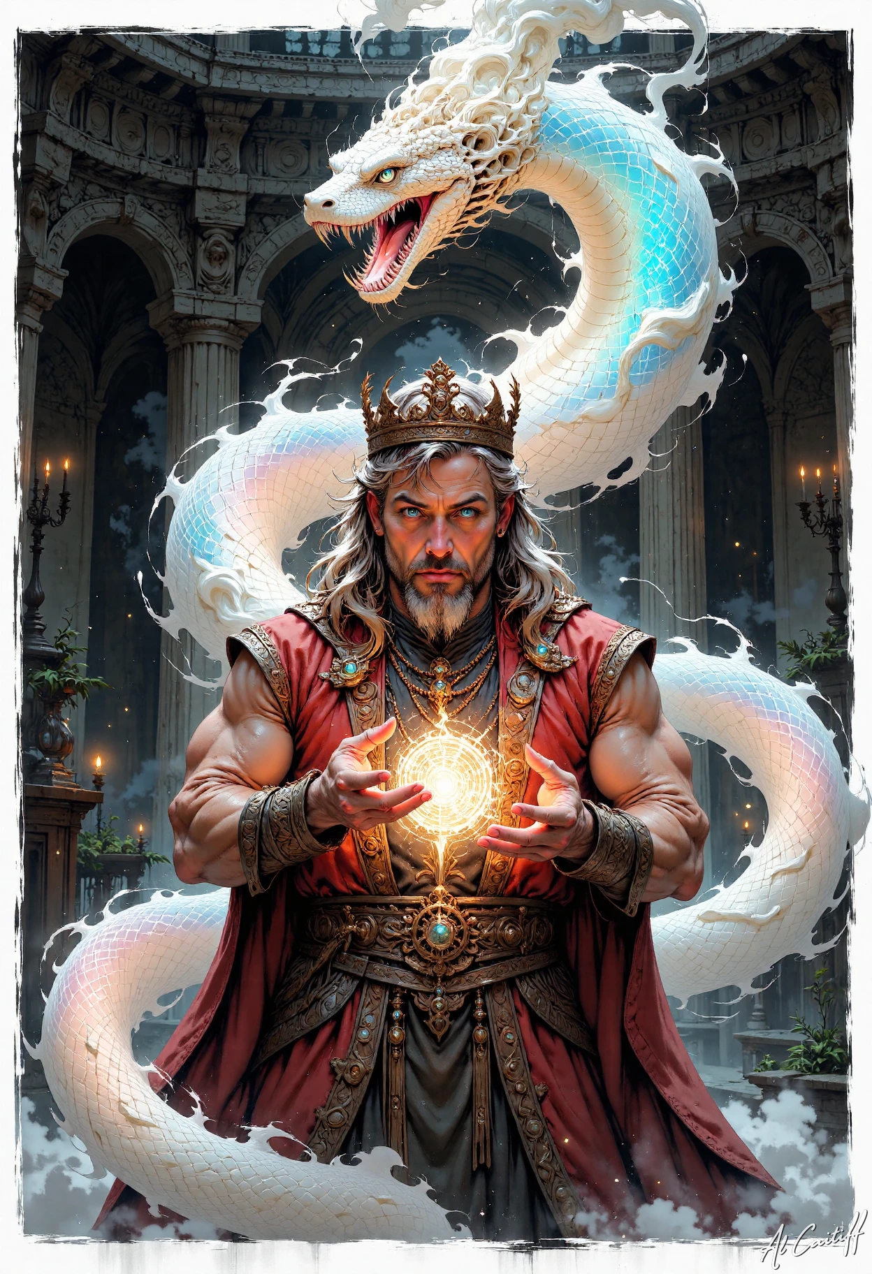rough sketch in a white paper picture of a digital illustration depicting a mystical scene set in a dark, castle environment, the central figure is a man with muscular physique and blond long hair, he has a full long blond beard and piercing blue eyes, giving him a mystical appearance, he is dressed in a red, ornate vest with intricate gold embroidery and wear a crown, suggesting a medieval king, the man is casting a cloud rainbow snake spell, the background is a throne room, creating a sense of depth and mystery. the illustration style is highly detailed and realistic, with a focus on texture and lighting to create a three-dimensional effect, ink and brushstroke dismrt style, Niji Stan Katayama Style<lora:CustomFlux/SnakeSpell.safetensors:1.0:1.0> <lora:Flux/sumi-art_v10_rank16_bf16-step01120.safetensors:0.5:0.5> <lora:Flux/Niji_B_anime.safetensors:0.5:0.5>