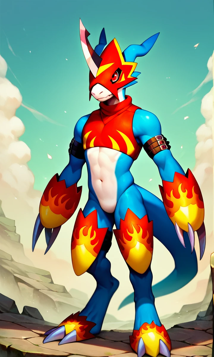 <lora:flamedramon_full:1> flamedramon, furry, blue skin, red eyes, mask, arm belt, crop top, gauntlets, thigh armor, footwear, score_6_up, score_7_up, score_8, score_9, solo, 1boy, standing, full body, detailed background, outdoors