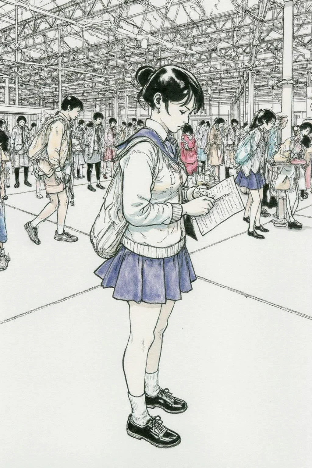 kj9 illustration.
Profile of a high school student in uniform, white socks and black shoes, standing in the middle of a train station, holding two acceptance letters--one for a local college and the other for an overseas university. The station is bustling with people moving in every direction, while she stands still, eyes closed, taking a deep breath as she tries to decide which future to follow. <lora:kj91_cap_d6a3e12:1.0><lora:819911490472535734:0>