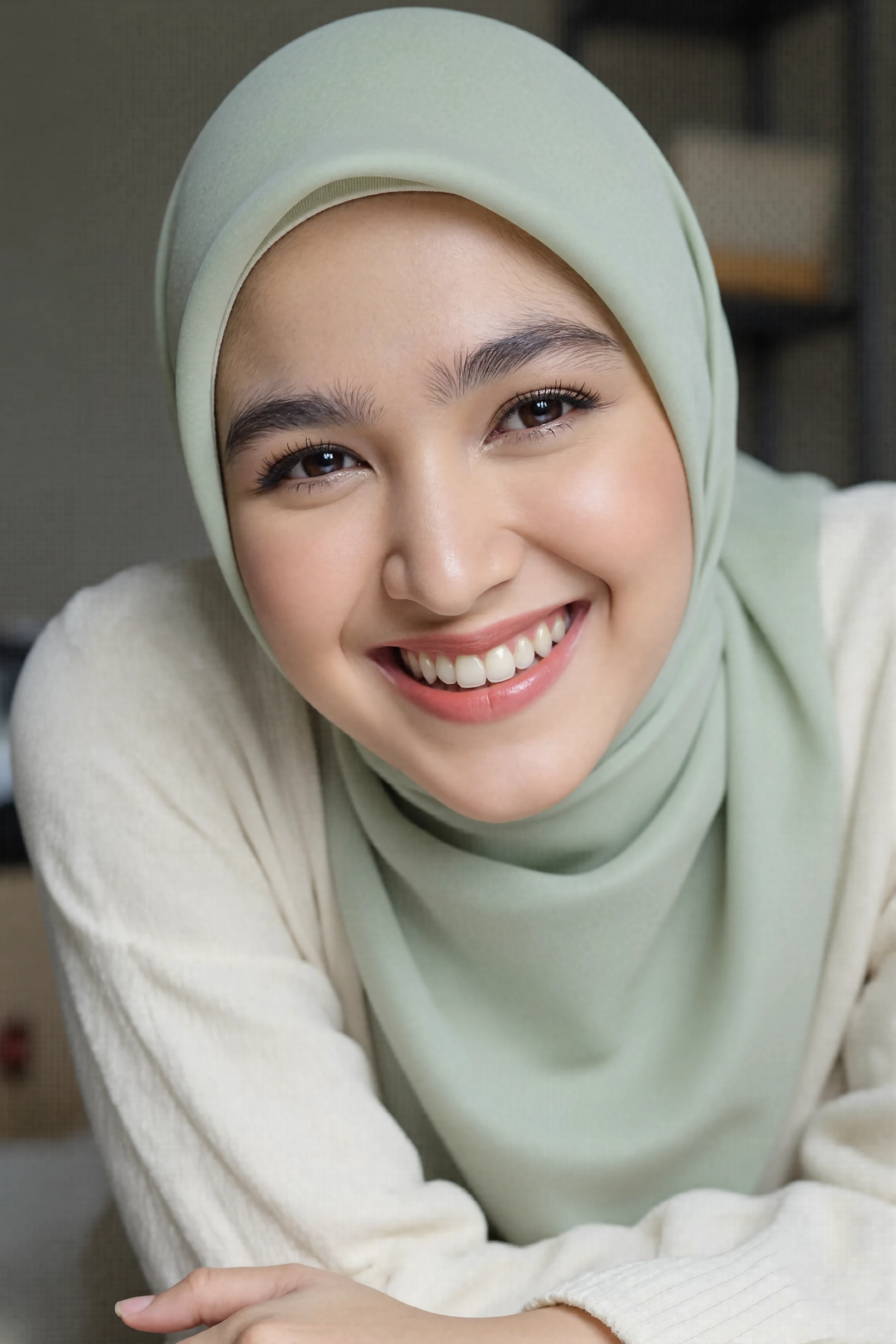 Matured Malay women in hijab wearing sexy satin lilac color bra and panties, portrait photography, 35 years old, mid shot photo, ultra detail, professional photograph with professional lighting, smile, light blue studio background, sexy seducing pose, curvy,