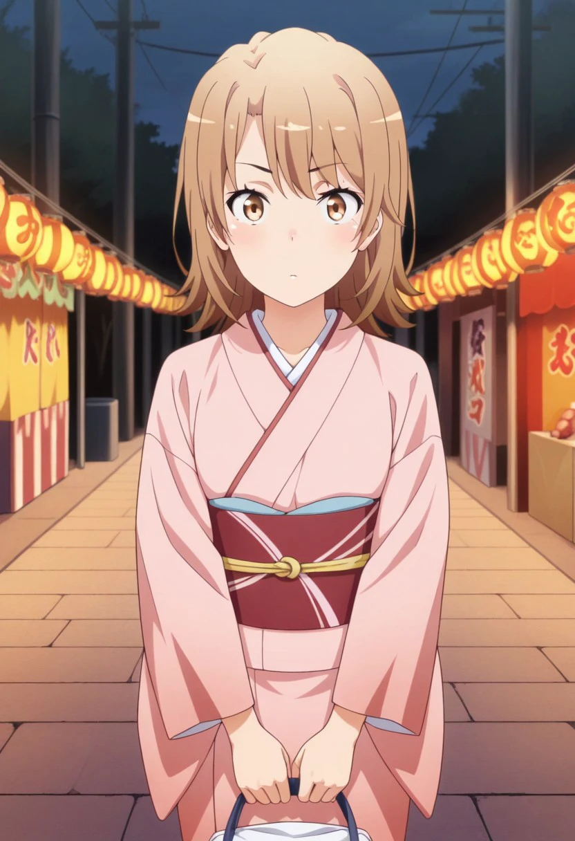 masterpiece,best quality,amazing quality, isshiki iroha, brown hair, short hair, brown eyes, 1girl, solo, japanese clothes kimono, festival