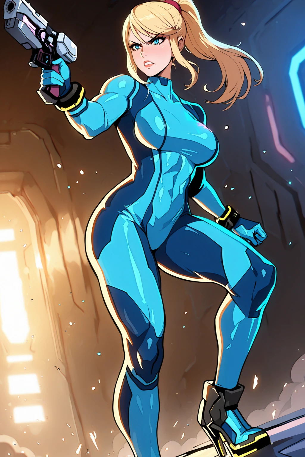 , masterpiece, high quality, extremely detailed, 1girl, solo, marianne dressed up as Zero Suit Samus, short blue hair, golden eyes, medium breasts, zero suit, blue gloves, high heels, light smile, blush, standing, holding a blaster, from behind, looking at the viewer, looking back, space environment, outer space background