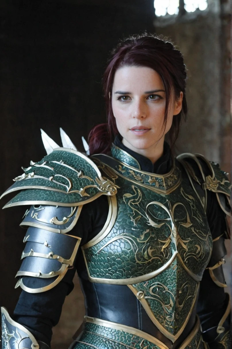 <lora:Neve_Campbell_SDXL_101-000010:1> neve101 1girl looking at viewer in dragon armour