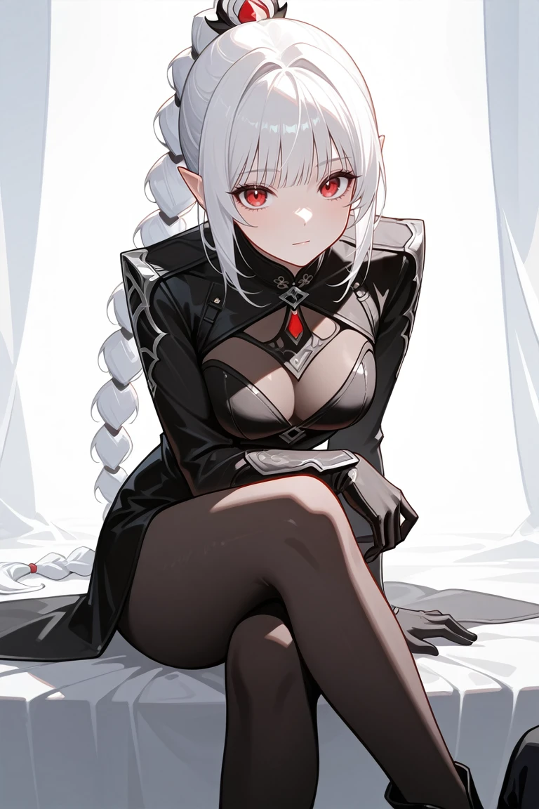drow, female, pointy ears, solo, elf, colored skin, looking at viewer, ((((maid)))), ((short hair)), dark elf, breasts, white hair, ((((big breasts)))), ((((dark grey skin), showed chest, ((black stockings)), spread legs, ((Lifts up her dress, showing pussy)), fucked thousand times, tired, scared, rolling eyes, crying, opened mouth, tongue out, cum overflow, covered in cum, cum in mouth, kidnapped))), ((red eyes, glowing eyes,)) lips, (best quality)), ahegao, drooling, saliva, blush, shows chest, masterpiece, best quality, highly detailed, (8k), (4k), HDR, beautiful detailed girl, beautiful detailed face, beautiful detailed eyes, masterpiece, perfect skin, shiny skin, perfect hands