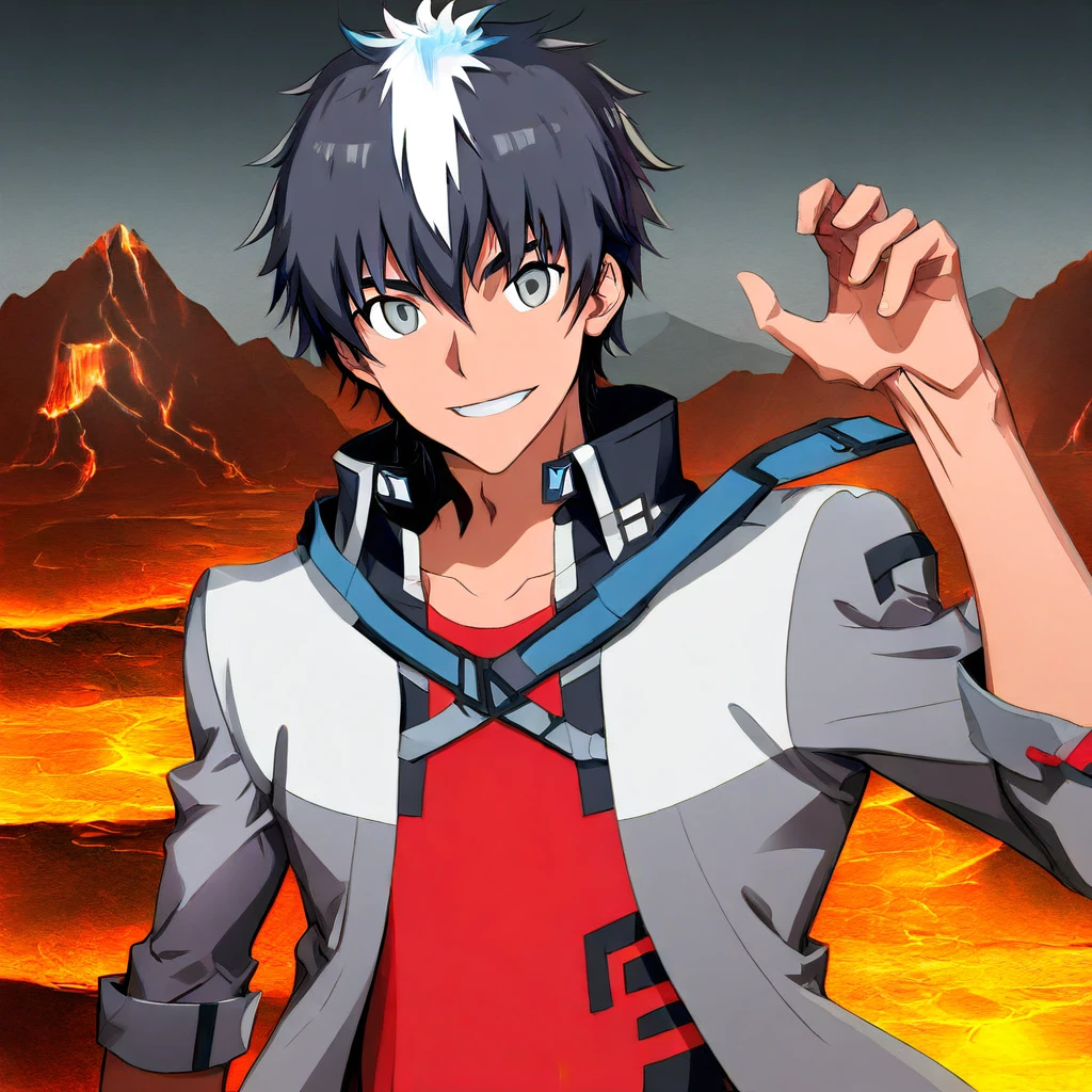 1boy, solo, score_9, score_8_up, score_7_up, source_anime, takuto_dwno, black hair, multicolored hair, gray eyes, red shirt, gray jacket, bicep flex, upper body, smile, digital volcano background, mountain, lava, looking at viewer