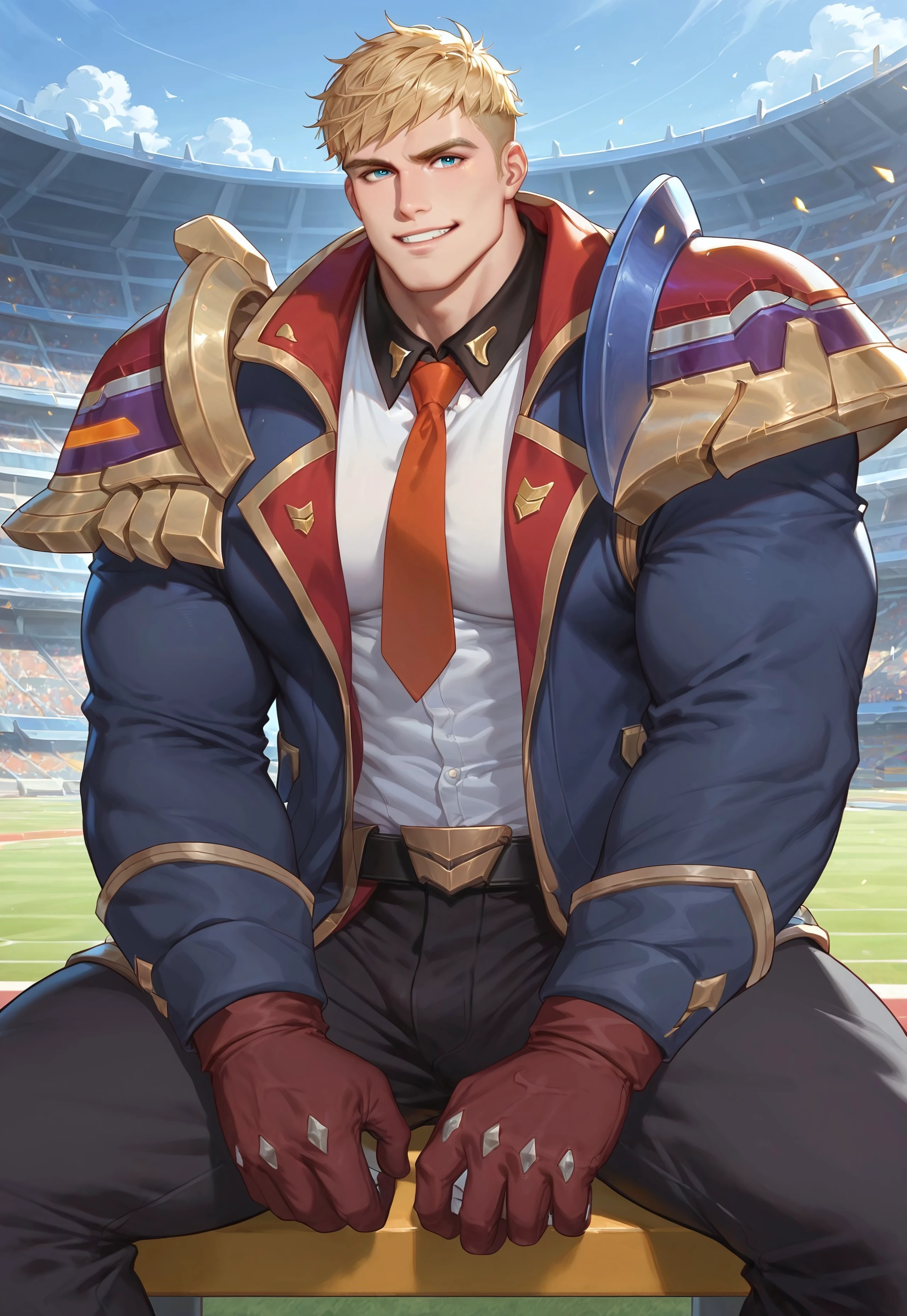 safe_pos, Score_9, Score_8_up, Score_7_up, best quality, shading, shading detailed, countershading, Expressiveh, dynamic scene, outside football field, anime
(((solo))), 1boy, (((bara))), masculine, male focus, battle academia garen, handsome face, blonde hair, blue eyes, short hair, pale skin, muscle, big arms, big chest, thick thighs, detailed skin, skin shading, open jacket, white shirt, red necktie, pants, gloves, smirking at viewer, sitting on bleachers, crossing leg