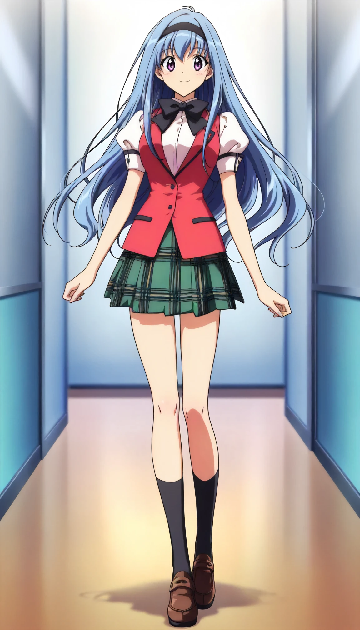 <lora:KKS_takatoo_nanaseXLIllustrious001>,
masterpiece,best quality,good quality,newest,
glitter,
smile,
looking at viewer,
solo,
anime coloring,
takatoo_nanase\(kakyuusei\),1girl,blue hair,long hair,hair band,purple eyes,
white shirt,red vest,black bow tie,puffy_sleeves,short_sleeves,
green skirt,pleated_skirt,plaid_skirt,
black socks,
standing,full body,