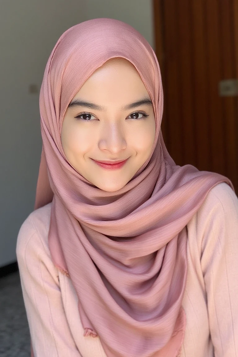 A girl FaisaCh with pink hijab. She is looking at the viewer with bright and loving eyes. She is leaning forwardal. Close-up of face, very detailed. She is wearing a perfect soft sweater. Hasselblad H6D-400c MS, low exposure, high contrast, ISO 100, with a 120mm macro lens.