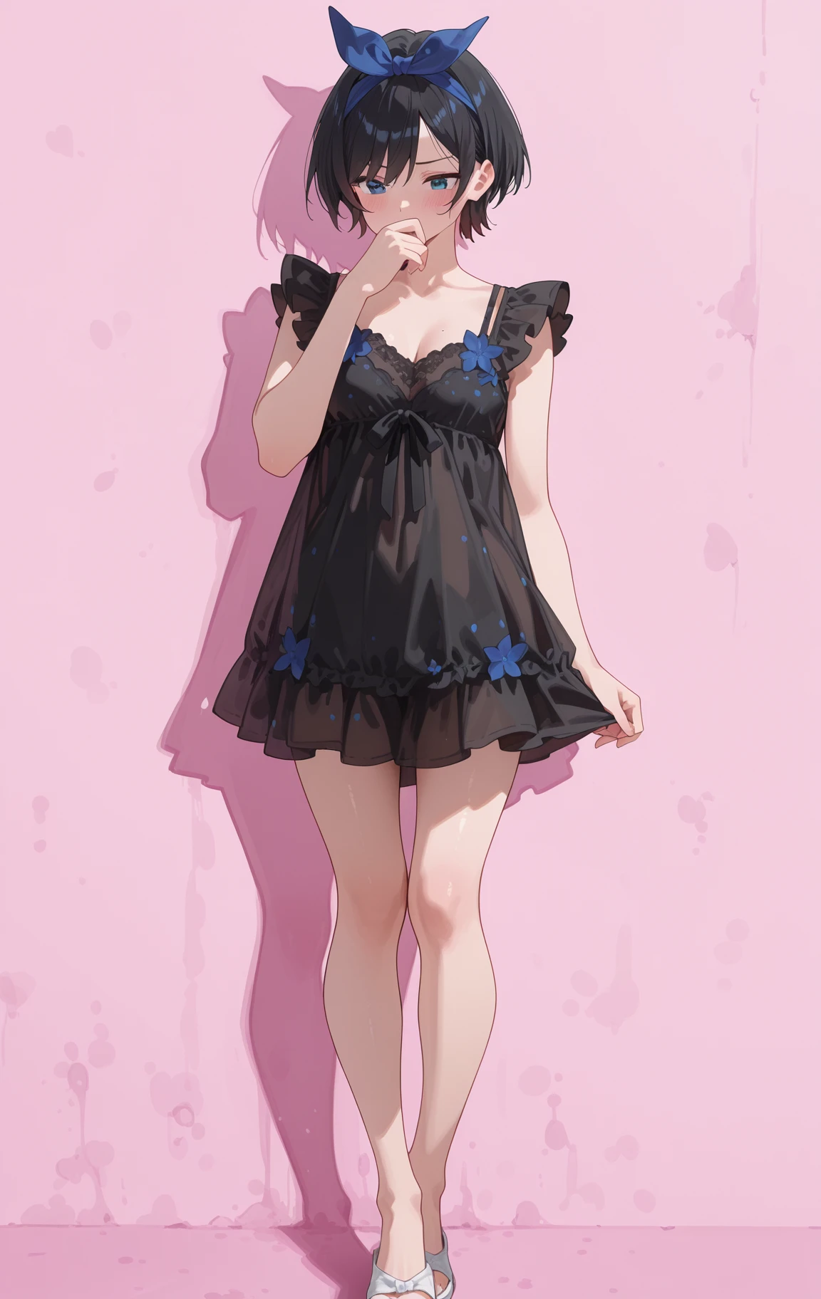 perfect quality,high quality,masterpiece,best quality,amazing quality,very aesthetic,absurdres,Cinematic Lighting,newest,Tactical use of shadow,
front view,full_shot,Thoughtful gaze,
SarashinaRukaCYQL,<lora:SarashinaRukaCYQL:1>,1girl,solo,short hair,black hair,bangs,hairband,blue eyes,negligee, dress, frills, embroidered flowers,
full body,standing,covering_mouth,,
pink background,simple background,
qxys,748cmstyle,EtherStyle,<lora:spo_sdxl_10ep_4k-data_lora_webui:0.7>,<lora:96YOTTEA-WAI:0.3>,<lora:illustrious_all_rated_v1:0.7>,<lora:748cmSDXL:0.9>,<lora:EtherSDXL:0.5>,,