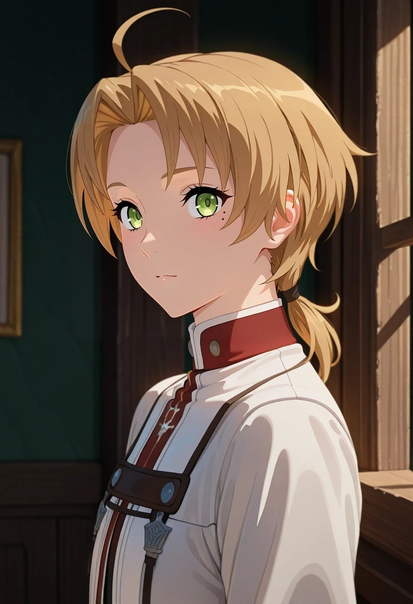 masterpiece, best quality, , (3d:0.4), , 1boy, solo, male focus, <lora:rudeus_greyrat_ilxl:0.94>, rudeus_greyrat, blonde hair, green eyes, short hair, bangs, parted bangs, ahoge, mole under eye, low ponytail, ,
