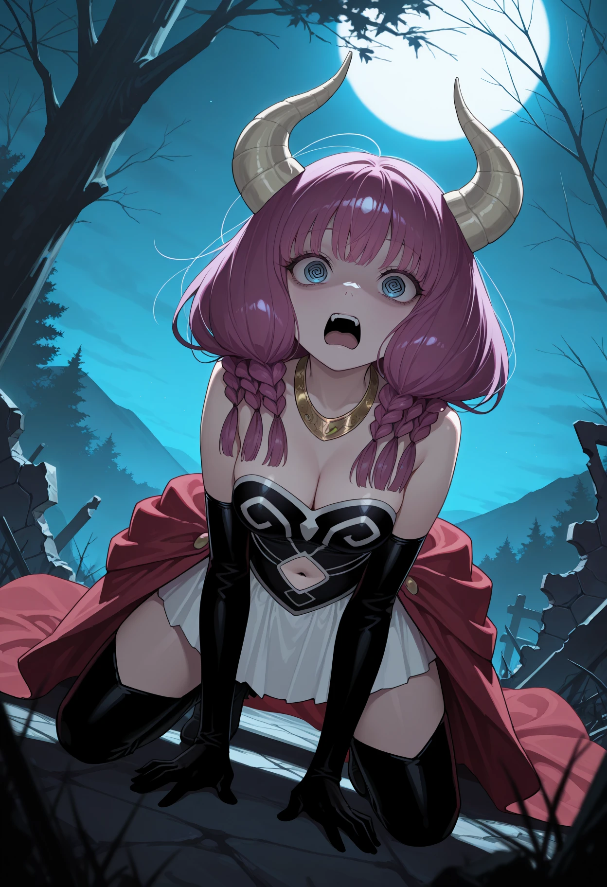 Axisymmetric communication, front view，masterpiece, best quality,  solo，1girl,horns,pink hair,long hair,twin braids,purple eyes, necklace, cleavage, bare shoulders, gloves,navel cutout, skirt,thighhighs, realistic，3d，texture，standing，Background is a hell cave scene with tentacles, bones, blood and spider webs，,(rich background, film shooting, depth of field, Super visual, The art of HR Giger and Beksinski comes together in this detail, Grim, skeletons:1.5，Flowing saliva:1.5，Bare brains on the wall，beauitful , mucus:1.5，Pepperoni:2，A large number of homogeneous species:1.5，SPR:1.5，Psychedelic background，Dark horror scene. Sharp images, Use edge lights to render at 8K resolution, It shows a terrifying environment full of Lovecraft's tentacles，They twist and pulsate in neon lights. HDR lighting creates complex and detailed shadows on a distorted background, Mutant humanoid. Distorts the environmental structure due to glitch and distortion effects, Surreal and dreamlike elements，Such as a floating inverted structures and decaying flesh，Create a feeling of disturbing and disorientation. Religious and mystical symbols are scattered against an intricate backdrop，Add a touch of supernatural horror to this already insanely terrifying masterpiece,)
