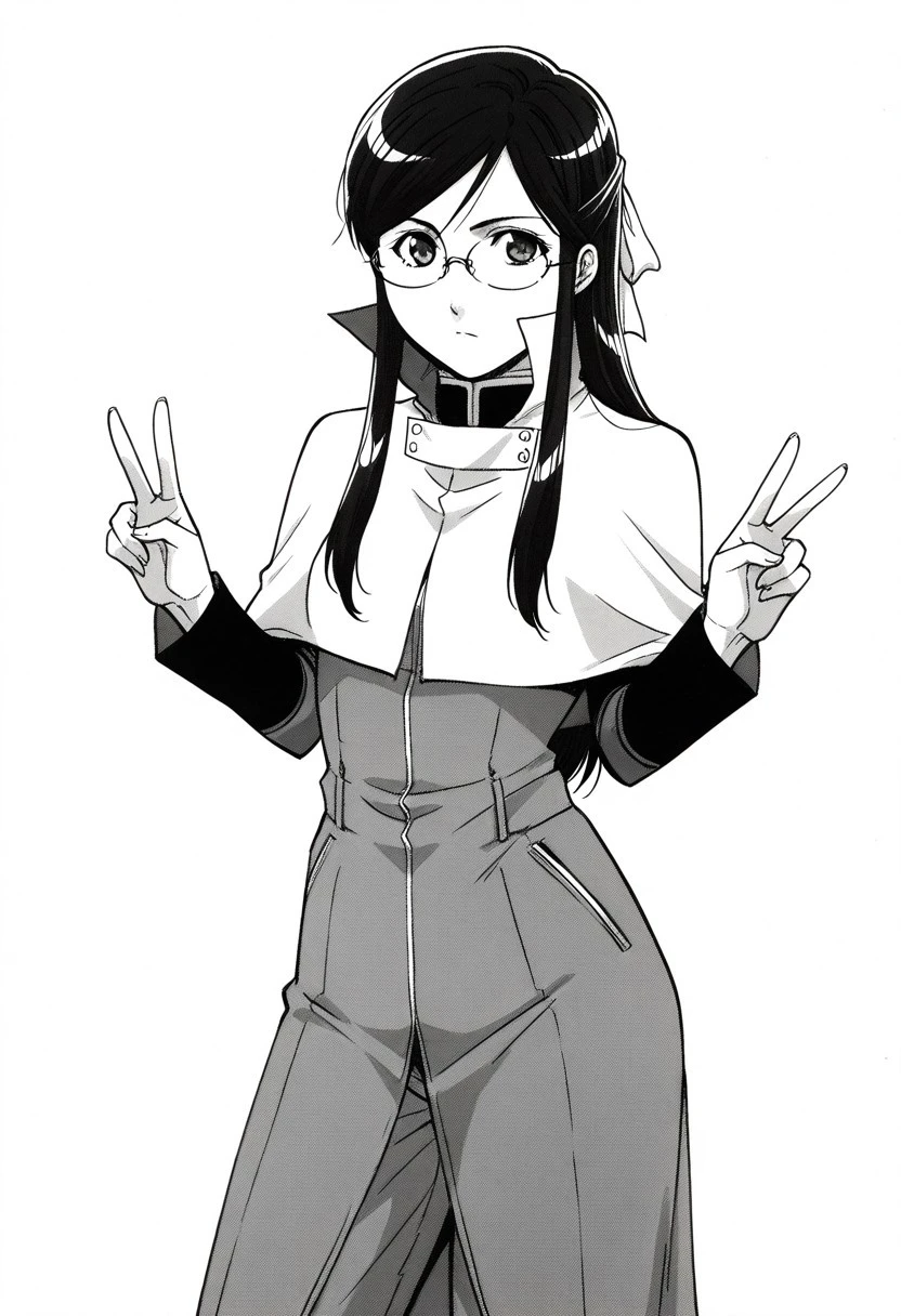 official art, masterpiece, best quality, absurdres, very aesthetic, 1girl, female focus, solo, monochrome, greyscale, manga illustration, Rosa_rosa_utm, long hair, black hair, sidelocks, half updo, hair ribbon, glasses, rimless eyewear, small breasts, hair ribbon, white capelet, capelet, collared capelet, coat, long sleeves, two-tone sleeves, long coat, pants, cowboy shot, double v, simple background, white background