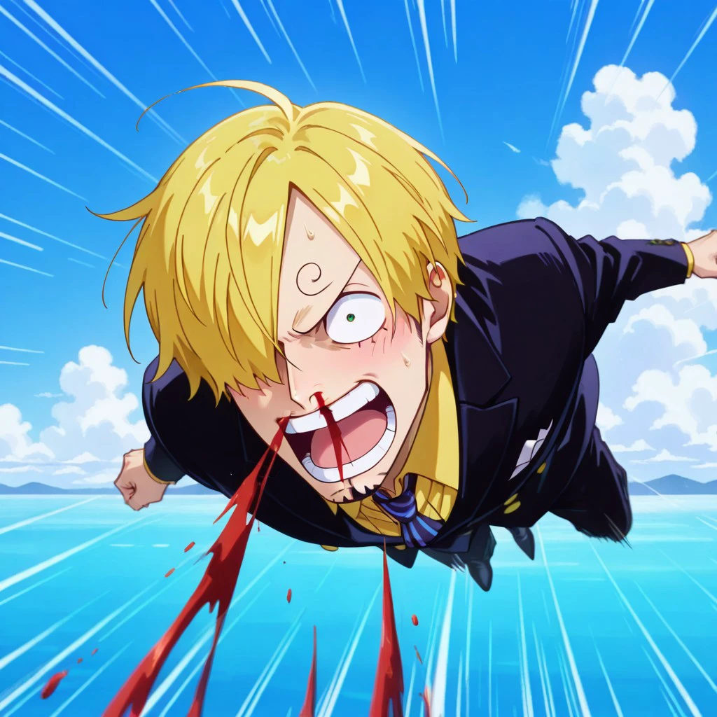 masterpiece, best quality, newest, absurdres, highres, anime, anime style, solo, solo focus, ExcessiveAnimeNosebleed-ILV1.0, nose bleed, bleed, excessive nose bleed, blood, nosebleed, 1boy, Sanji/(one piece/), blonde, blonde hair, yellow nectike, suit, formal clothes, flying, speed lines, motion blur