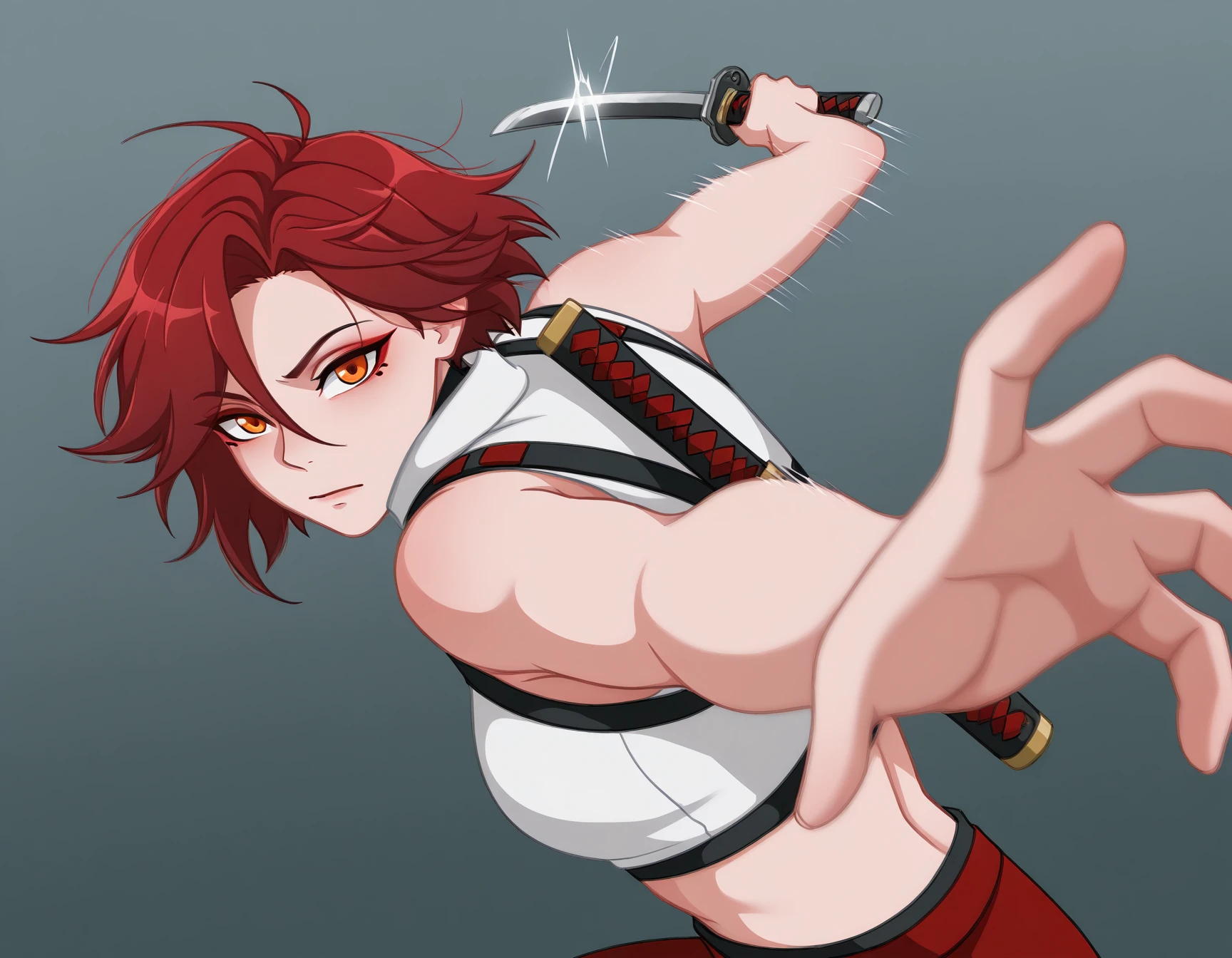 masterpiece, best quality, absurdres, solo
Shira, orange eyes, short dark red hair, white crop-top, sleeveless, katanas behind their backs, IncrsPunchMeme, incoming attack, motion lines, upper body
 <lora:PepePunchMeme_illusXLNoobAI_Incrs_v1:1.1>
<lora:Shira_il:0.9>