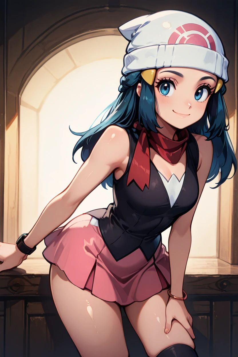 masterpiece, best quality, 1girl, solo, beautiful eyes, zzDawn, blue hair, blue eyes, sidelocks, long hair, bare shoulders, beanie, black shirt, black socks, bracelet, hat, jewelry, kneehighs, miniskirt, pink skirt, red scarf, scarf, shirt, skirt, sleeveless, sleeveless shirt, white headwear, <lora:DawnPokemonIXL_e07:1.0> , cowboy shot, leaning forward, smile, looking at viewer, shiny skin,
