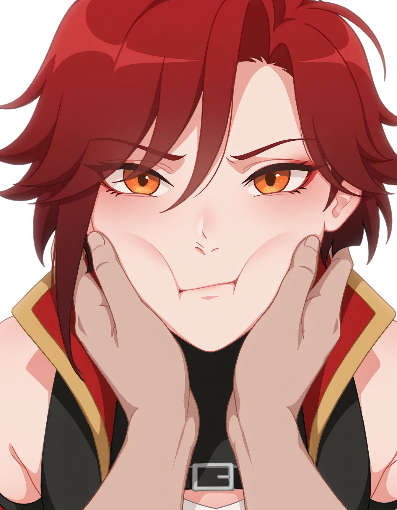 masterpiece, best quality, absurdres, solo
Shira, orange eyes, short dark red hair, white crop-top, sleeveless, katanas behind their backs, pov hands, cheek squash, hand on another's face, looking at viewer, solo focus,white background, 1boy, upper body, 1other,
<lora:Shira_il:1>