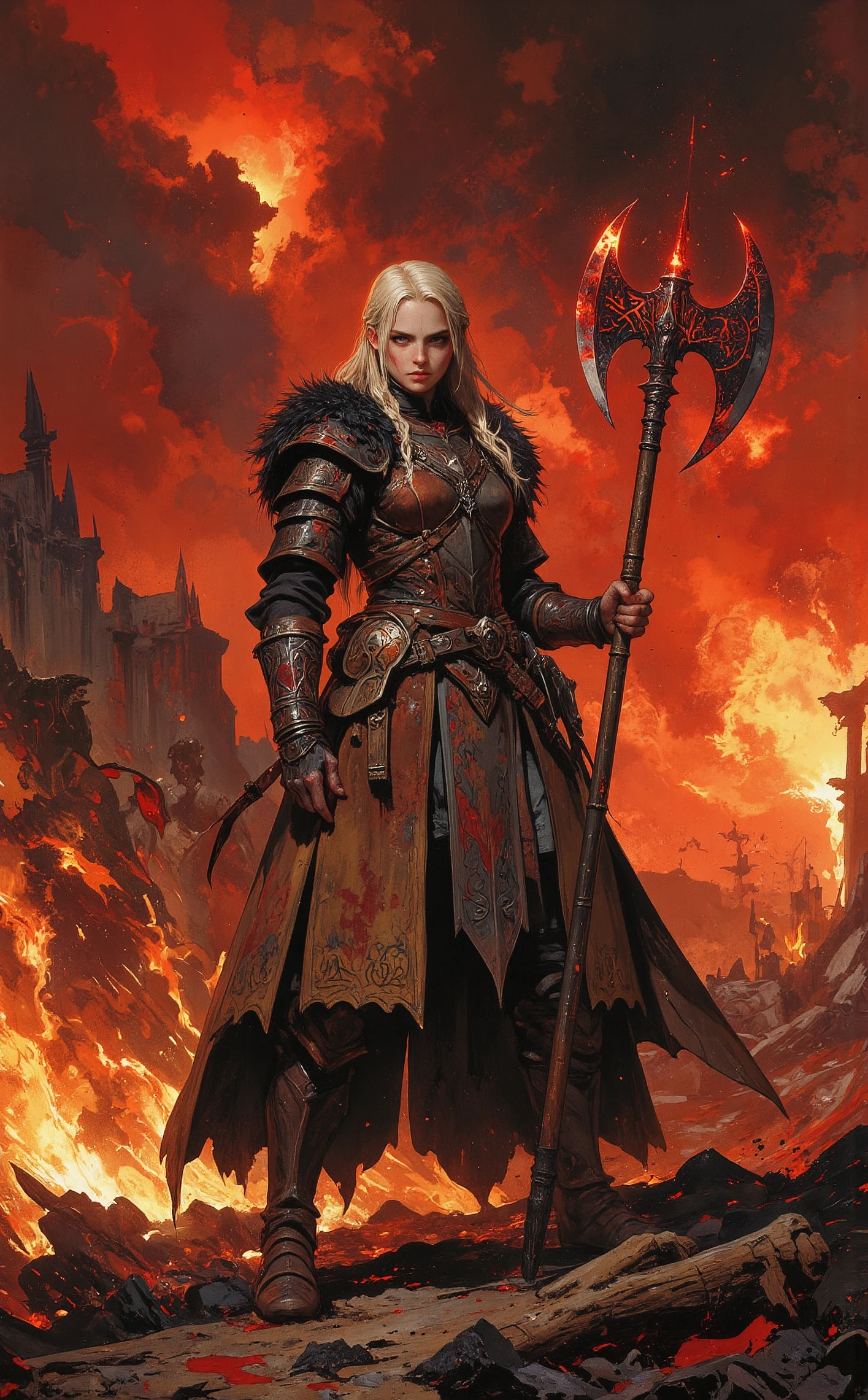 fantasy, painting, illustration, detailed, A fierce young Viking girl stands on a charred, blood-soaked battlefield, clutching a massive battle axe that radiates both heat and menace. Her blond hair, braided tightly, is streaked with ash and blood, framing a face marked by determination and hardened by the chaos of war. She wears battered leather and chainmail armor, adorned with fur-lined pauldrons and Nordic runes glowing faintly with crimson light, as though imbued with ancient power. The battle axe in her hands is enormous, its double-bladed edge glowing a fiery red, as if freshly forged in a volcanic forge. Dark blood drips from the blade, pooling at her feet and staining the blackened earth. Runes etched into the metal pulse with an eerie, molten light, hinting at its mystical origins. The weapon exudes a sense of both brutality and divine fury, its weight symbolic of her strength and her cause. The ground beneath her is scorched and littered with the fallen, a grim testament to the ferocity of the battle. Flickering flames dance across the battlefield, casting jagged shadows over her and illuminating the thick, smoke-filled air. The sky above is a deep, smoky red, streaked with ash and the dying light of the sun, creating an apocalyptic backdrop. Despite the carnage, she stands tall, her piercing blue eyes blazing with unyielding resolve. Blood splatters her armor and face, a stark contrast to her pale skin, but she shows no sign of weariness. The scene captures her as a symbol of defiance and survival, a warrior forged by fire and battle, ready to wield her burning axe against any foe that dares to challenge her, ethereal fantasy concept art of cinematic film still manga art by Edogawa Ranpo, fantasy art by Larry Elmore, , Fantasy art, Dungeons & Dragons, dragons, knights, epic quests, detailed characters, Japanese mystery fiction, psychological thriller . shallow depth of field, vignette, highly detailed, high budget, bokeh, cinemascope, moody, epic, gorgeous, film grain, grainy . magnificent, celestial, ethereal, painterly, epic, majestic, magical, fantasy art, cover art, dreamy
