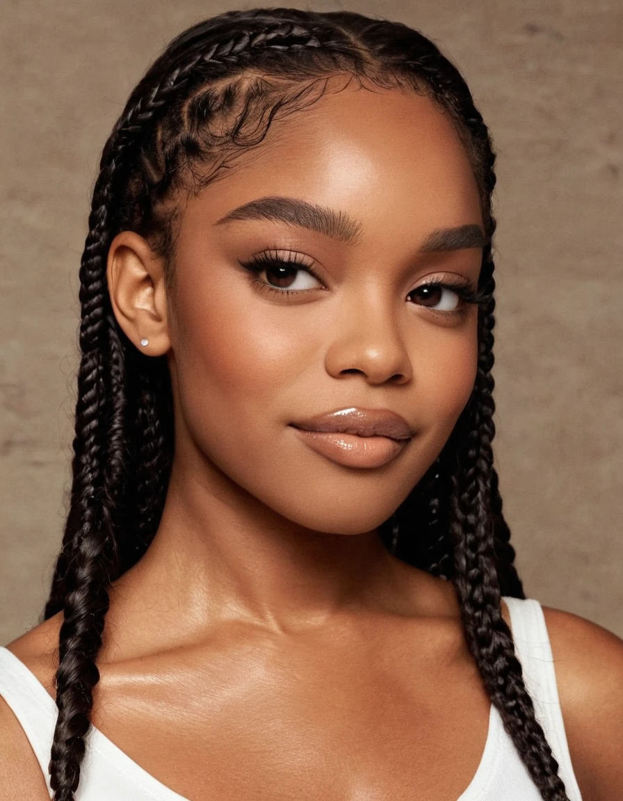 (Height, Approximately 5 feet 2 inches (157 cm), giving her a petite and youthful stature:1), (Build, Slim and proportionate, with a natural, healthy figure that complements her age and personality:1), (Hair, Dark brown or black hair, often styled in versatile ways such as braids, curls, or sleek straight looks. She frequently experiments with fashionable hairstyles that highlight her modern, trendsetting vibe:1), (Eyes, Large, dark brown eyes that are warm and expressive, reflecting her playful, intelligent, and confident demeanor:1), (Skin, Smooth, rich brown complexion with a radiant and glowing appearance, showcasing her natural beauty:1), <lora:n1ybwMMdat:0.89>,n1ybwMMdat,, instagram photo, front view, portrait photo of a prompt . ,cinematic shot