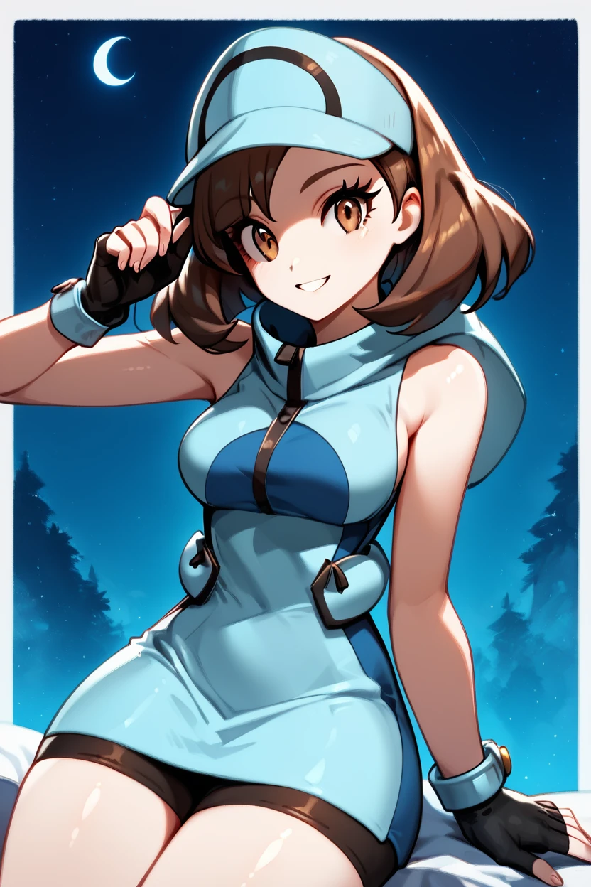score_9, score_8_up, score_8, medium breasts, (curvy), cute, eyelashes, , zzAceSM, brown eyes, brown hair, medium hair, visor cap, fingerless gloves, sleeveless, hat, black gloves, bike shorts, blue headwear, , <lora:AceTrainerPokemonSM_PDXL:1.0>, BREAK, ,,, upper body, smile, looking at viewer, ,,, shiny skin, <lora:ProAnime_PDXL_v1:0.8>, night, soft shadows, moonlight reflecting off skin, whisper of wind, ,,, embedding:zPDXL, Expressiveh, <lora:SDXLFaeTastic2400:0.5>, <lora:Expressive_H-000001:0.4>,