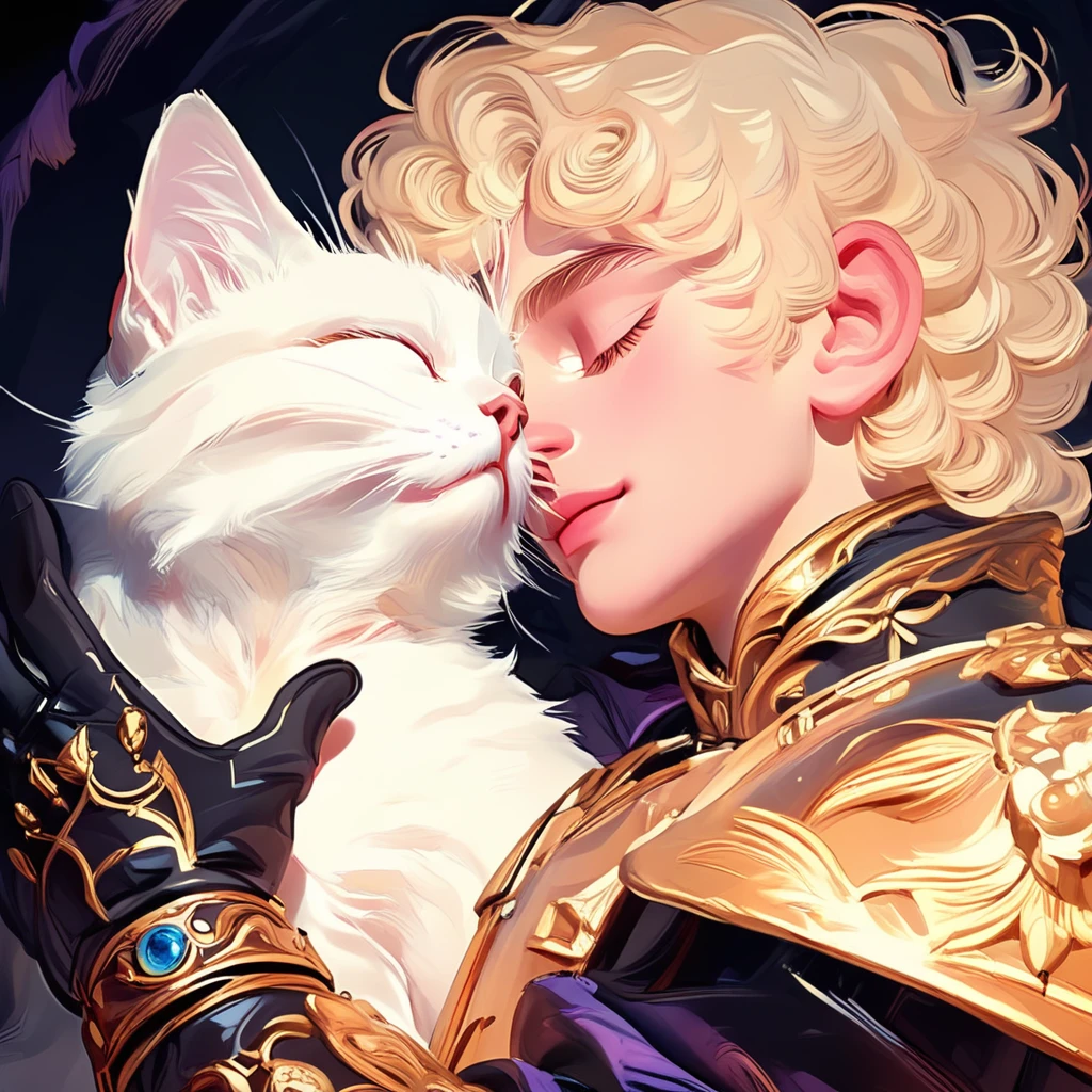 aapo8il, 1boy, close-up portrait, embracing one white cat, blond curly hair, ornate gold and dark clothing, black gloves, black background