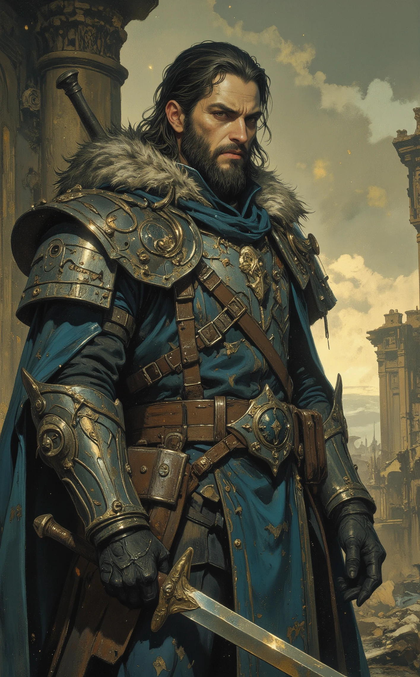 fantasy, painting, illustration, detailed, post-apocalyptic action style: A closeup shot of a grim figure as a witcher wearing power armor. His facial expression is a grimace. He is outfitted in a war-torn suit tinged with fur and dark colors, yet reveals the harsh realities of a post-apocalyptic world. Bleak dark grainy apocalyptic environment, ethereal fantasy concept art of cinematic film still character art by theCHAMBA, landscape art by John Avon, , Fantasy landscapes, Magic: The Gathering illustrations, otherworldly environments, surreal atmospheres, vibrant colors, Dynamic, action-packed, superhero, digital art . shallow depth of field, vignette, highly detailed, high budget, bokeh, cinemascope, moody, epic, gorgeous, film grain, grainy . magnificent, celestial, ethereal, painterly, epic, majestic, magical, fantasy art, cover art, dreamy