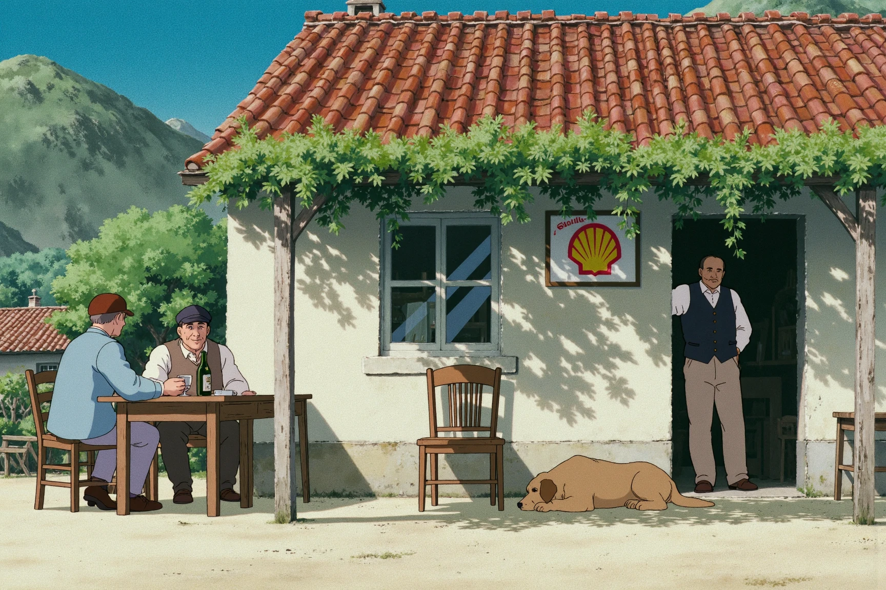 ghibli style image of a serene outdoor scene. Two men sit at a small wooden table on the left of the image, sharing a bottle of wine. One man wears a light blue jacket and the other a white shirt. They both wear caps. On the right of the image, a man stands framed in the doorway of a small shop or building. He wears a dark vest and light pants. Next to the chair under the sign of a "Shell" logo, a tan dog sleeps soundly at the foot of the building. A building with a terracotta tiled roof takes up much of the foreground. Lush green vines are draped over a pergola-type structure in front of the house wall. In the far background, hills rise towards the sky. The scene has a warm, peaceful atmosphere with soft lighting and earthy tones.