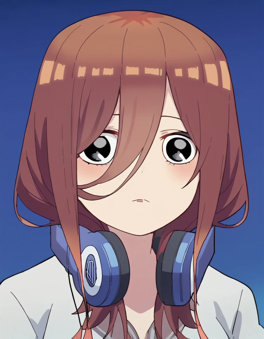 score_9, score_8_up, score_7_up, source_anime, <lora:miku-nakano-s2-ponyxl-lora-nochekaiser:1>, miku nakano, long hair, bangs, brown hair, headphones, headphones around neck, large breasts, anime screencap, <lora:terrified-noot-noot-ponyxl-lora-nochekaiser:1>, terrified noot noot, looking at viewer, blue background, gradient background, black eyes, gradient, straight-on,, ,