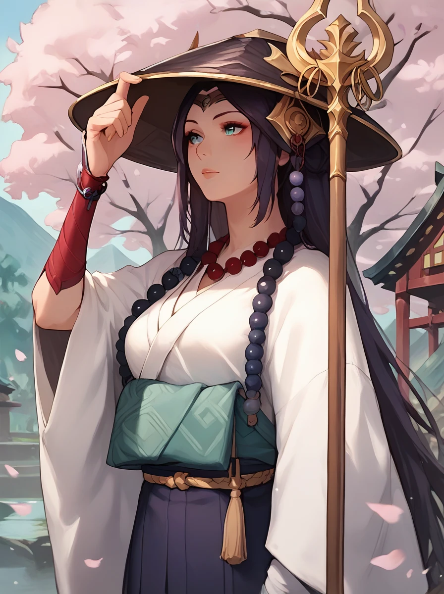 score_9, score_8_up, score_7_up, score_6_up, <lora:japanese_monk_clothes_v1:0.8>, 1girl, irelia from league of legends wearing ajirogasa hat monk robes prayer beads necklace, hand on hat, shakujo staff, japanese shrine, cherry blossoms