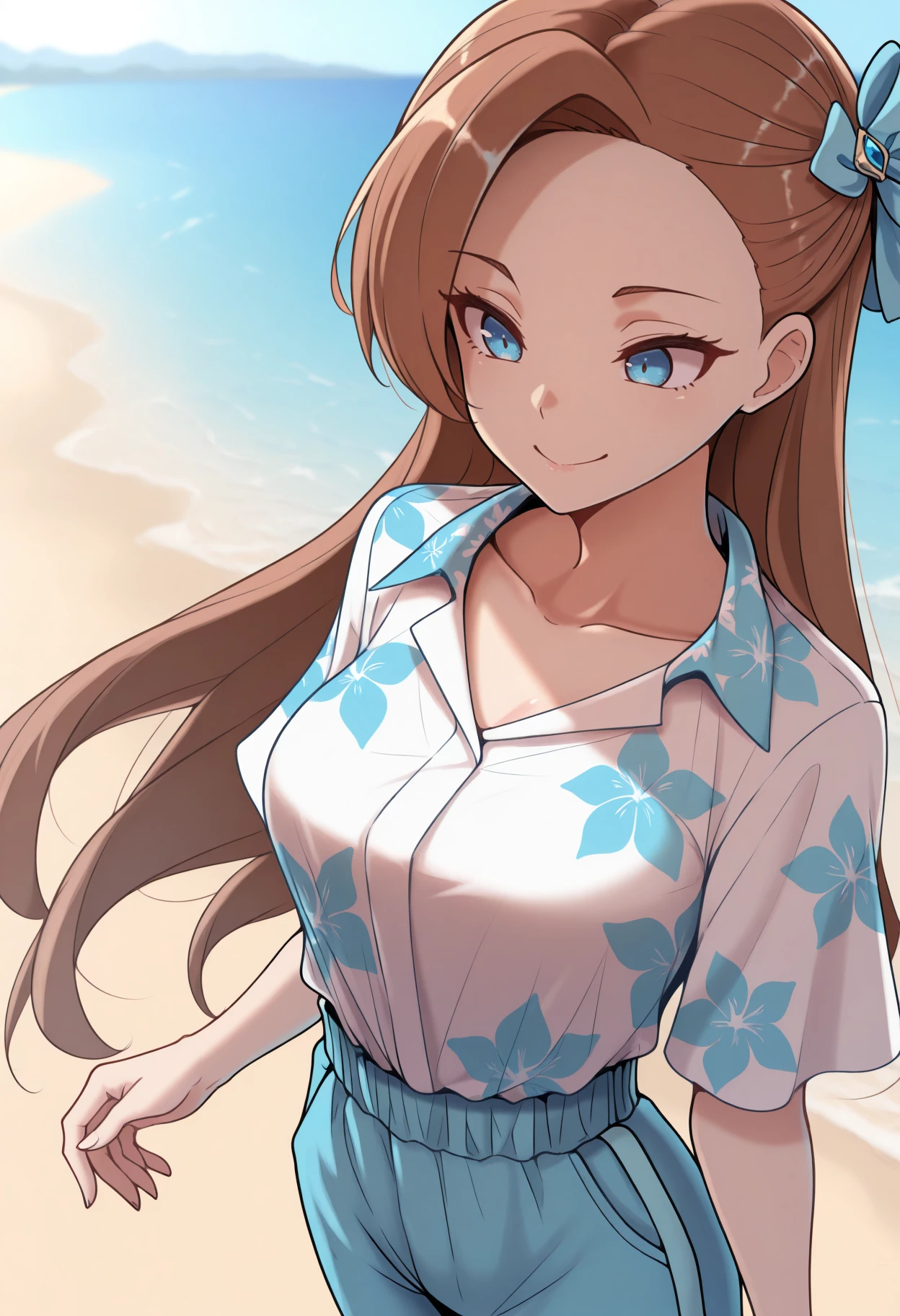 masterpiece, best quality, 1girl, solo, KatarinaClaes, blue eyes, brown hair, long hair, asymmetrical bangs, hair bow, blue bow, hawaiian shirt, white shirt, floral print shirt, blue pants, sweatpants, shirt tucked in, outdoors, beach, smile, collarbone, <lora:ChamKatarinaClaesIllustriousXL:1>