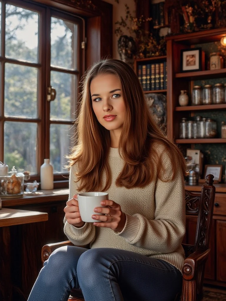 A young woman sits in a cozy, old-fashioned café, dressed in casual attire—a snug sweater paired with jeans. She holds a steaming cup of coffee with both hands, her serene expression illuminated by sunlight streaming through large, vintage windows. The café exudes warmth and rustic charm, featuring wooden furniture, antique decorations, and shelves lined with books and glass jars. The atmosphere feels tranquil and timeless, with soft, golden lighting that enhances the intimate and inviting character of the setting
