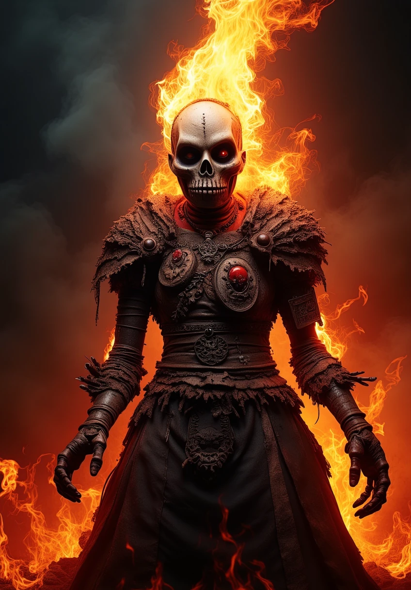 zenthros. A menacing figure with a skeletal face engulfed in flames of red and orange, blending with the shadows of a dark, textured background. The figure wears weathered, medieval-inspired armor with intricate detailing, emanating an aura of dread and fiery power. The hauntingly detailed skull contrasts with the fiery chaos surrounding it.