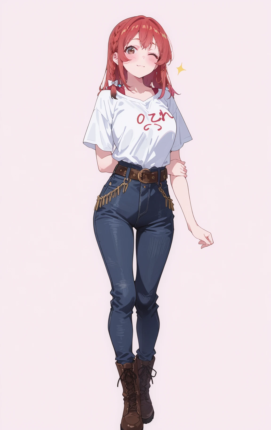 masterpiece,best quality,newest,absurdres,highres,
front view,full_shot,Wink,looking_at_viewer,
<lora:SakurasawaSumiCYQL:1>,SakurasawaSumiCYQL,1girl,solo,red hair,braid,single braid,hair bow,brown eyes,blush,(volume collar shirt:1.25), flare jeans, lace-up boots, fringe belt,
full body,standing,arm_grab,,
midnightblue background,simple background,
<lora:spo_sdxl_10ep_4k-data_lora_webui:0.5>,<lora:illustrious_all_rated_v1:0.6>,<lora:748cmSDXL:0.8>,748cmstyle,<lora:DarkerThanBlackIllustrious:0.5>,<lora:EtherSDXL:0.5>,EtherStyle,,