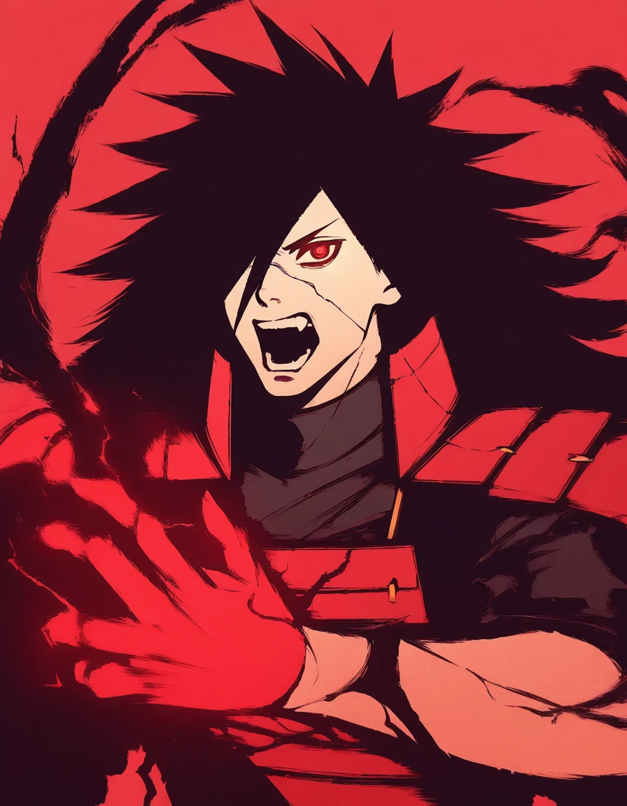 xmadauchix, madara, 1boy, solo, male focus, red armor, black hair, very long hair, spiky hair, hair over one eye, bangs covering the right side of his face, bags under his eyes, red eyes, upper body, electricity, glowing, glowing eyes, male focus, red eyes, solo, teeth, armor, glowing, long hair, magic, open mouth, teeth <lora:Madasama 1.0 :1> <lora:moshimoshibe_style_illustriousXL:0.15> moshimoshibe_style