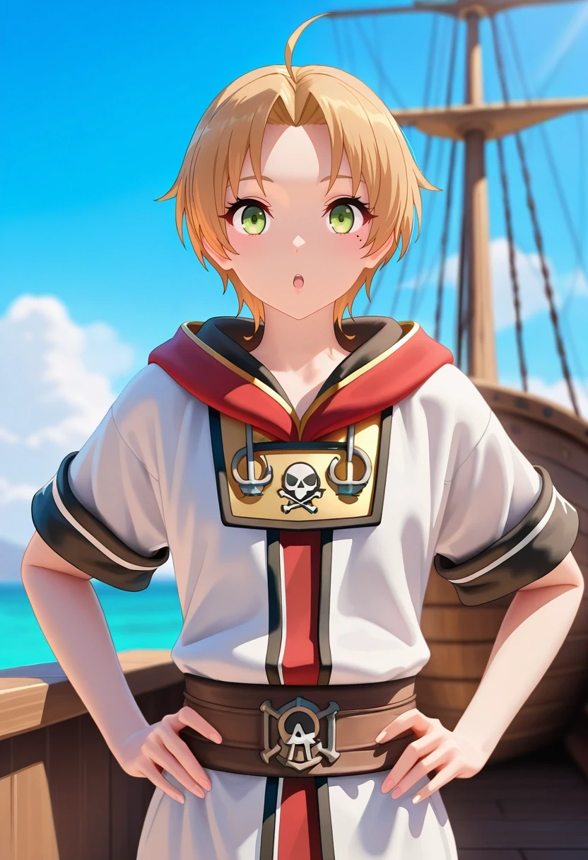 masterpiece, best quality, , (3d:0.4), looking at viewer, 1boy, solo, male focus, <lora:rudeus_greyrat_ilxl:0.9>, rudeus_greyrat, blonde hair, green eyes, short hair, bangs, parted bangs, ahoge, mole under eye, , close-up, pirate ship, day, sunny, hands on hips, :o, egyptian costume