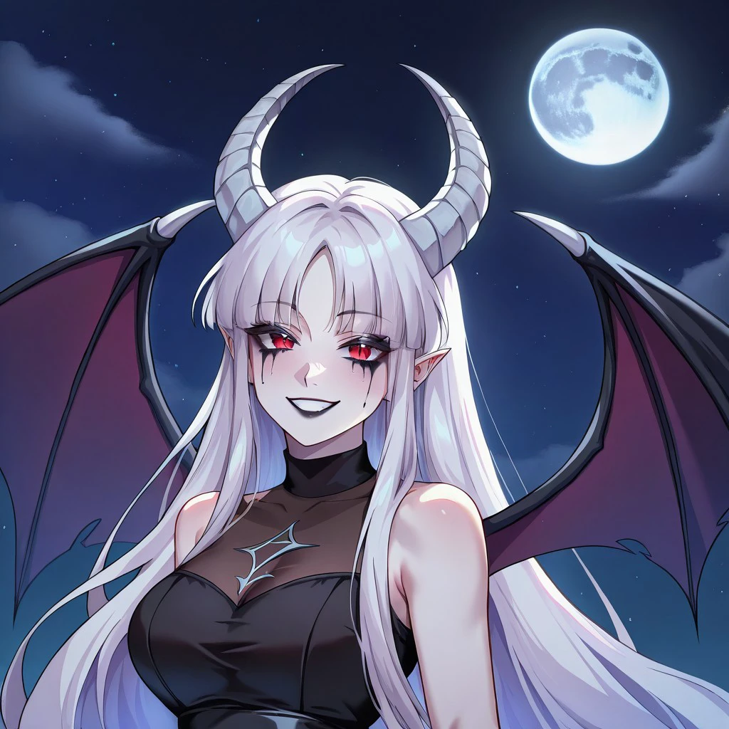 masterpiece, best quality, newest, absurdres, highres, anime, anime style, vintage anime, 90s anime, Dramatic-Moonlight-IL-V1.0, Dramatic light, Moonlight, moon, 1girl, white skin, white colored skin, pale skin, albino, albino skin, horns, demon horns, demon girl, succubus, wings, bat wings, demon wings, goth, goth girl, goth makeup, runny makeup, smile, grin, closed mouth,